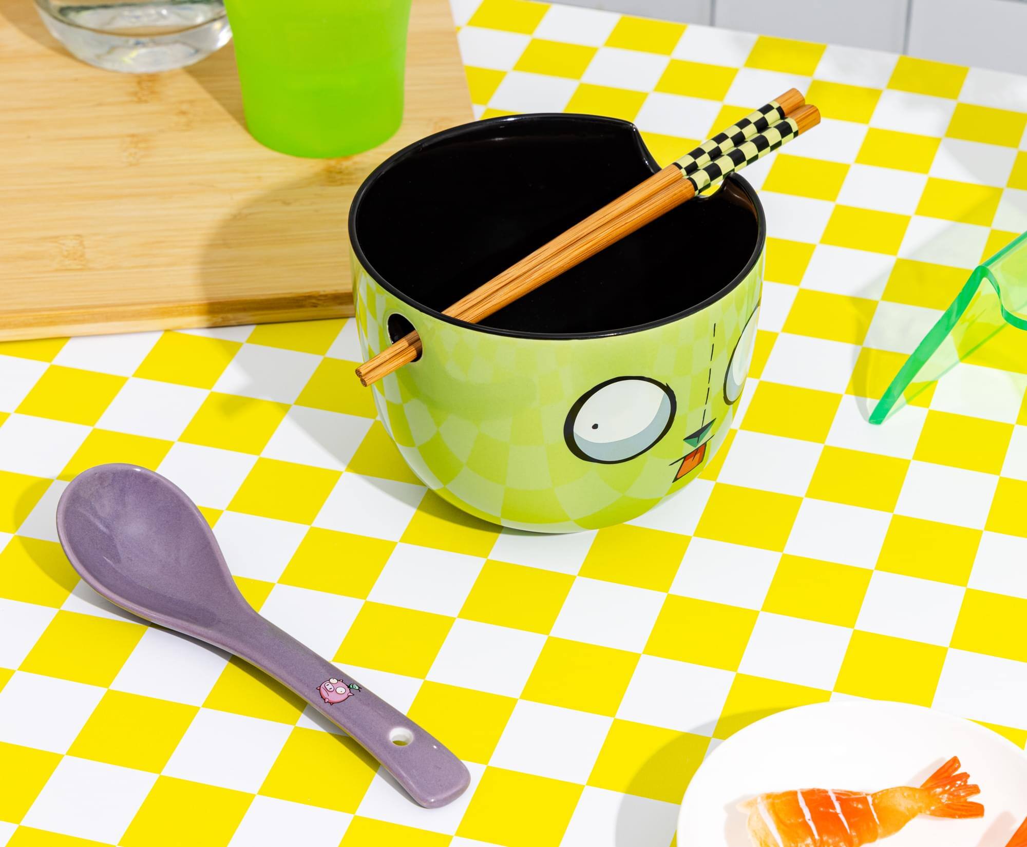 Alt View 5. Silver Buffalo - Invader Zim GIR Ceramic Ramen Bowl, Chopstick, and Spoon Set - Green.