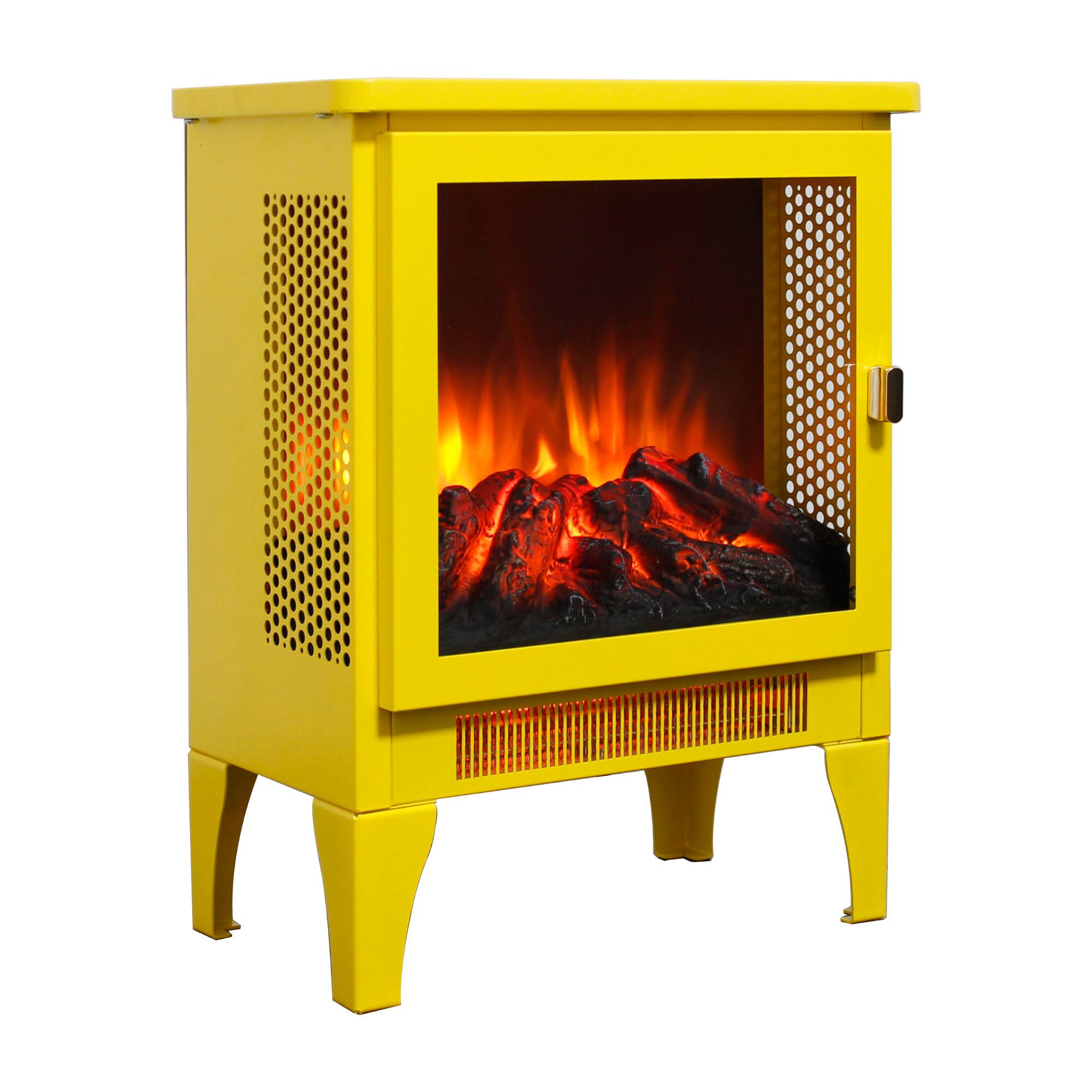 Left. Mondawe - 18" Freestanding Electric Fireplace Stove Heater w/ 3D Panoramic Flame, CSA/UL Certified, 5000 BTU, 400 Sq.Ft. - Yellow.