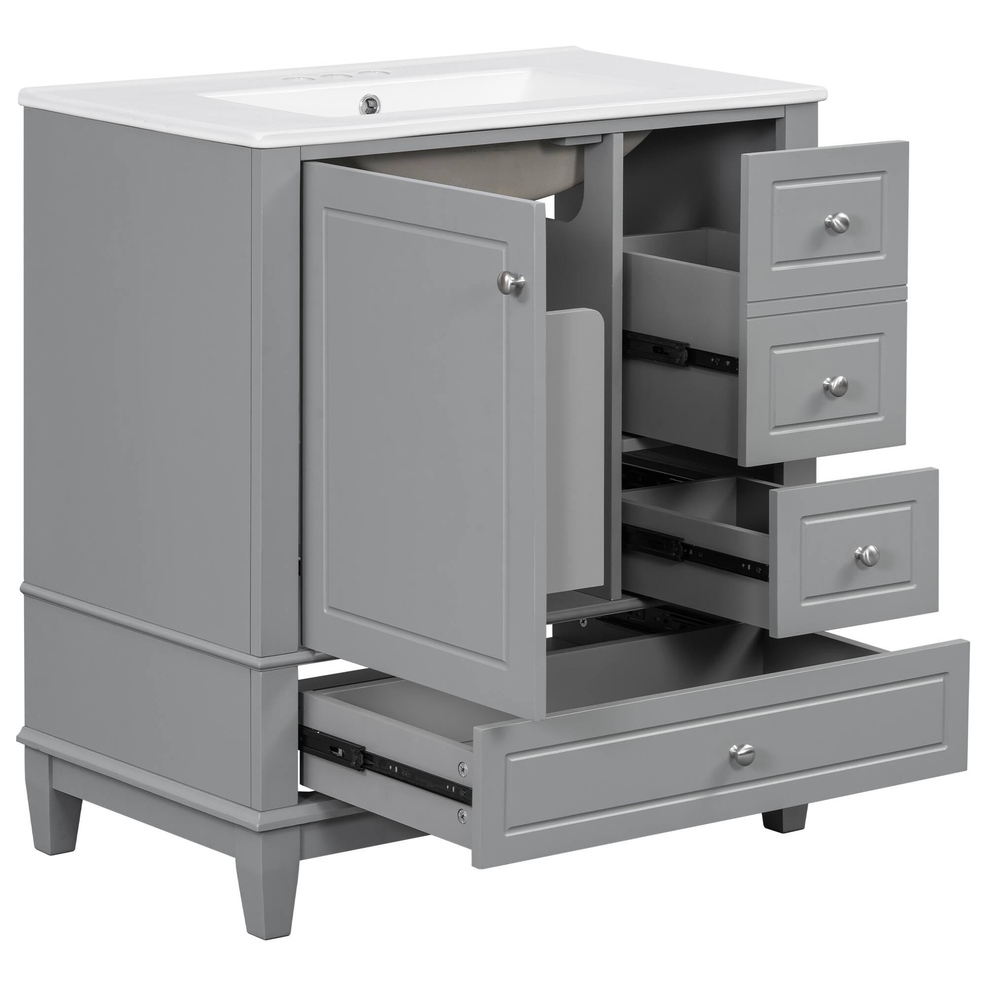 Alt View 8. Tiramisubest - 30" Bathroom Vanity with Sink, One Door with Shelf and Three Drawers, Soft Close Door, Grey - Grey.