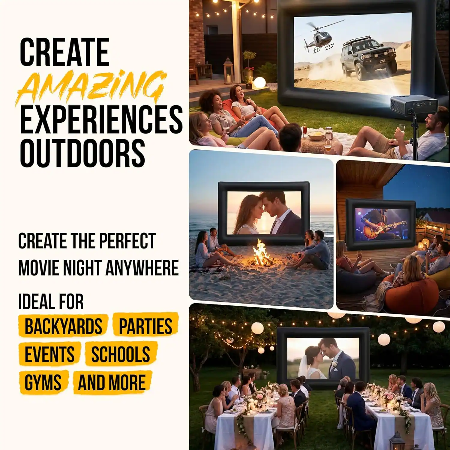 CREATE AMAZING EXPERIENCES OUTDOORS  
CREATE THE PERFECT MOVIE NIGHT ANYWHERE  
IDEAL FOR BACKYARDS, PARTIES, EVENTS, SCHOOLS, GYMS, AND MORE