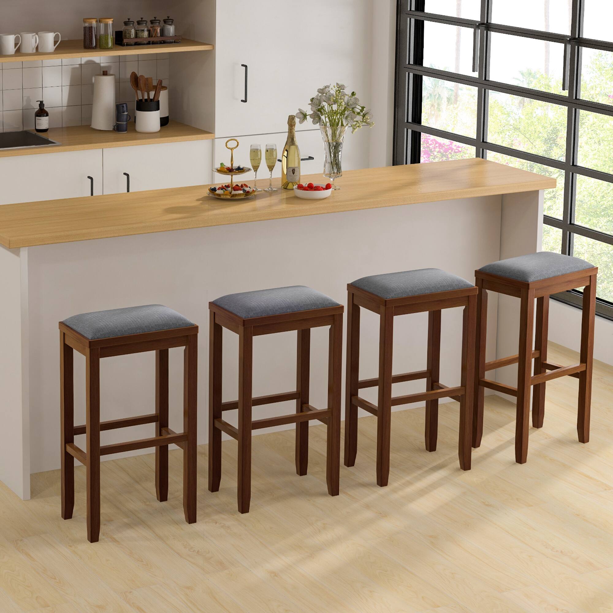 Alt View 3. Costway - Set of 2 Upholstered Bar Stools Wooden Bar Height Dining Chairs - White/Gray.
