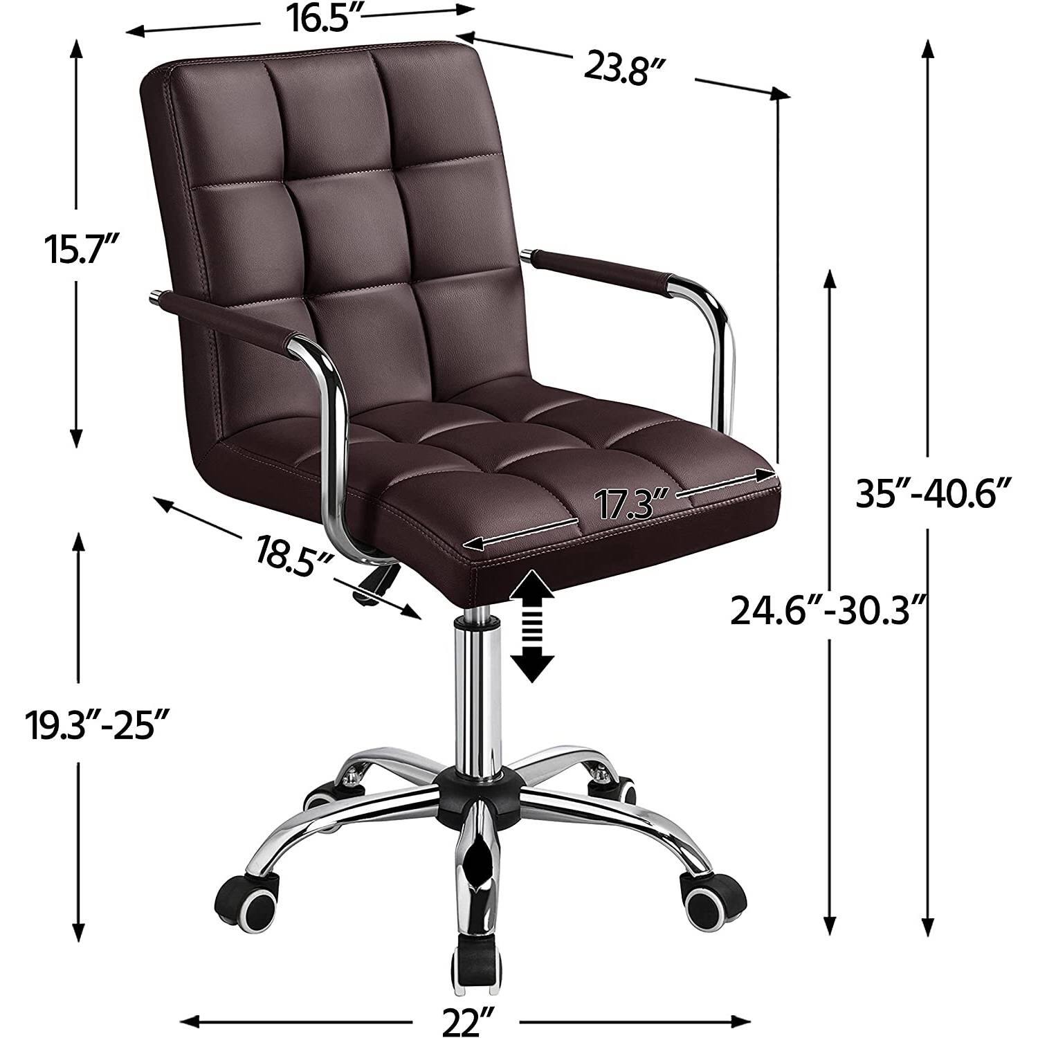 - Width: 16.5"
- Depth: 23.8"
- Height: 35"-40.6"
- Seat Height: 19.3"-25"
- Seat Depth: 17.3"
- Seat Width: 18.5"
- Back Height: 24.6"-30.3"
- Armrest Height: 15.7"
- Base Diameter: 22"