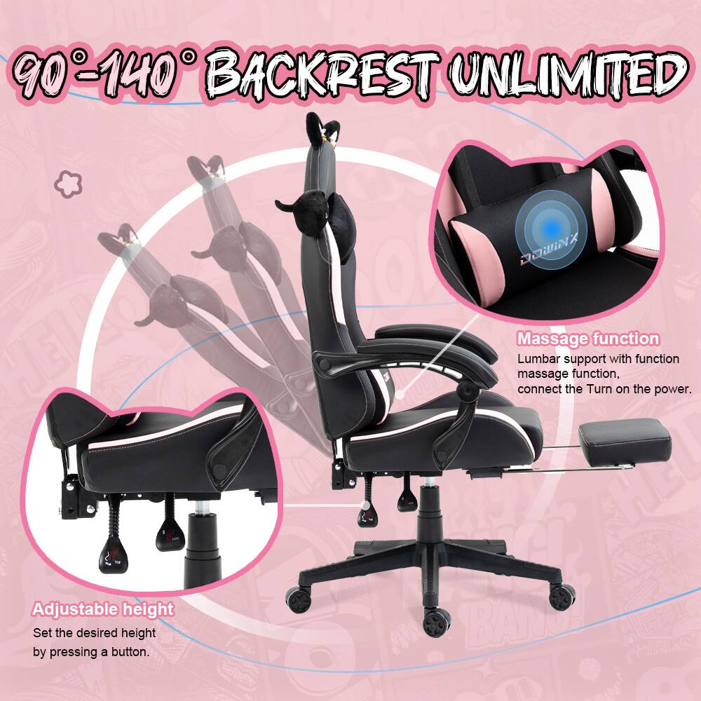 90-140° BACKREST UNLIMITED

Adjustable height
Set the desired height by pressing a button.

Massage function
Lumbar support with massage function, connect the Turn on the power.