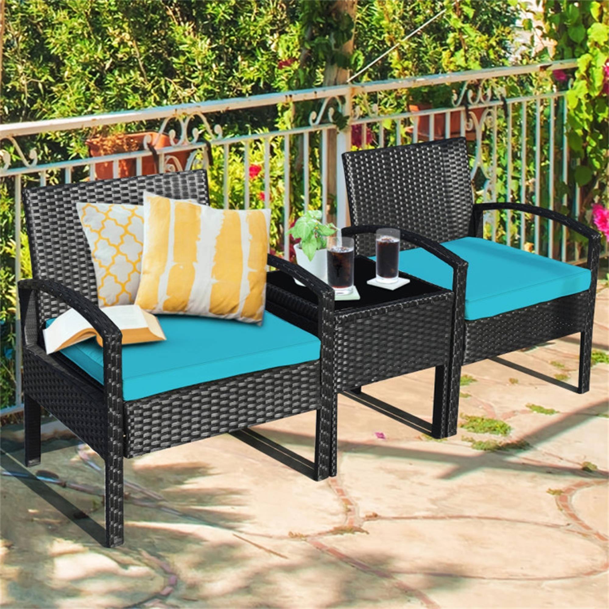 Alt View 1. Boyel Living - Turquoise 3 Pieces Outdoor Rattan Patio Conversation Set with Seat Cushions 27.5-in L x 23.0-in W x 23.0-in H - Turquoise.