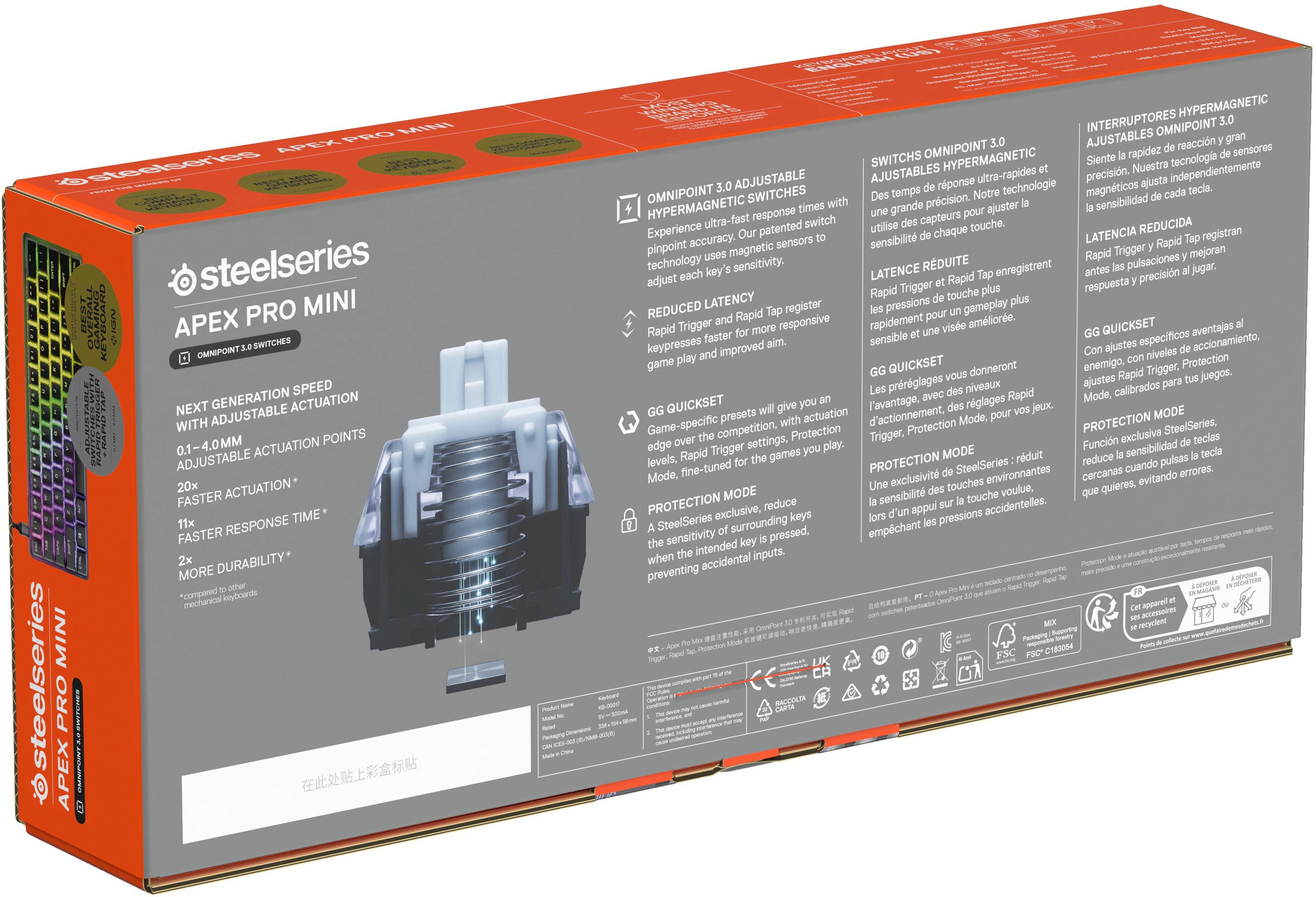 The image features a box for the Steelseries Pro Mini Apex gaming headset. The box is orange and gray, and it contains a headset with a microphone and a manual. The headset is designed for gaming and provides an immersive audio experience. The box also includes a warranty card for added peace of mind.