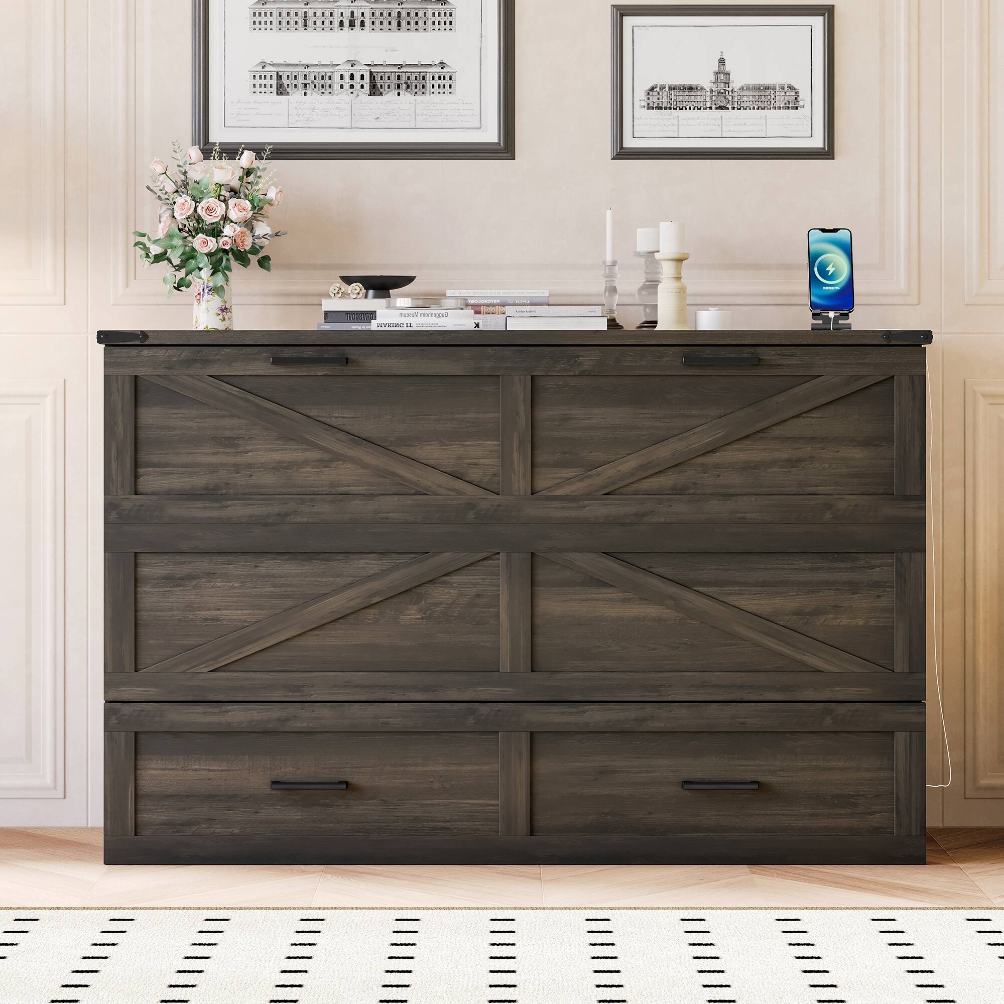 Back. Anysun - Queen Size Farmhouse Murphy Cabinet Bed with Charging Station – Foldable Platform Bed with Large Storage Drawer - Rustic Grey.