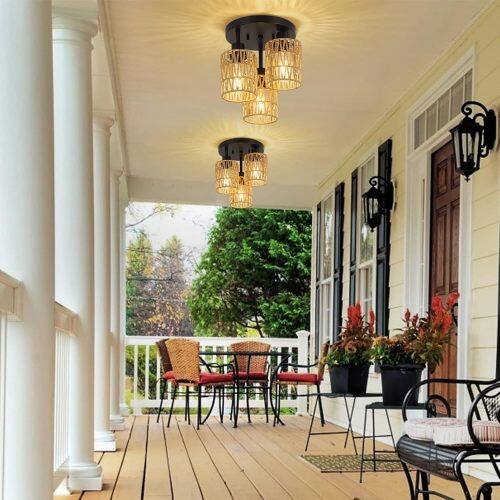 Alt View 2. LUCKY ONE - 3-Light Rattan Semi Flush Mount Ceiling Light, Hand-Woven Boho Fixture for Hallway Living Room Kitchen - Brown.