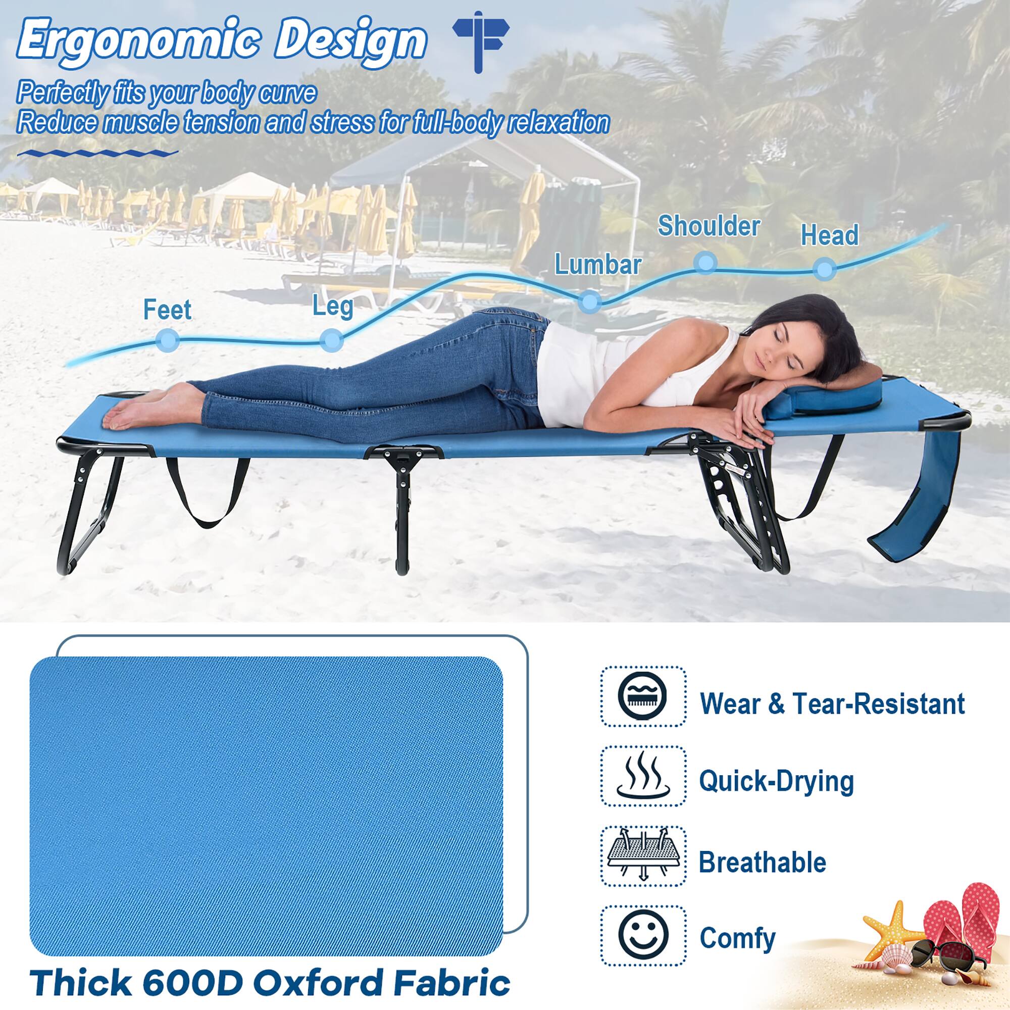 Ergonomic Design: Perfectly fits your body curve, Reduce muscle tension and stress for full-body relaxation

Wear & Tear-Resistant, Quick-Drying, Breathable, Comfy: Thick 600D Oxford Fabric

Feet, Leg, Shoulder, Head, Lumbar: