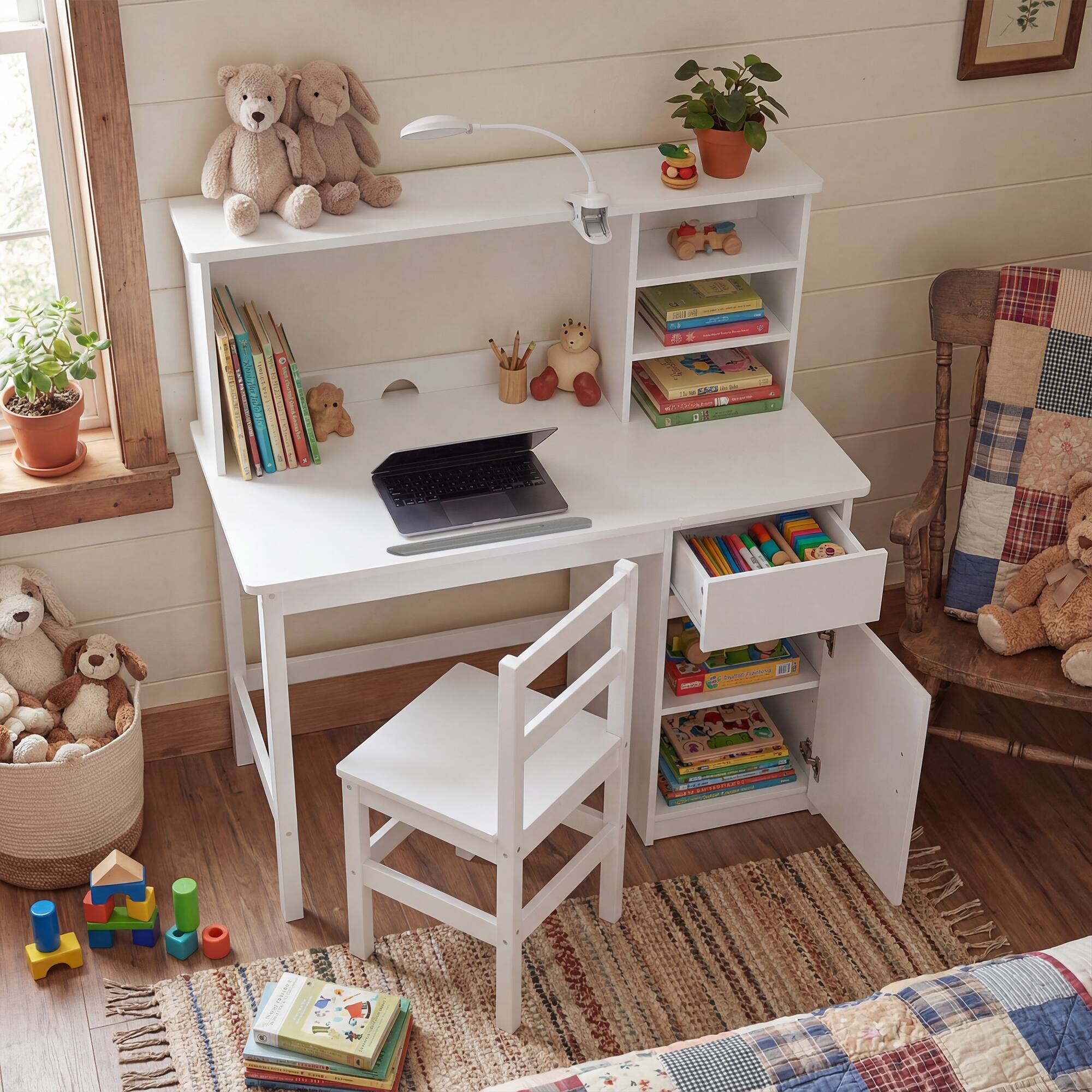 Alt View 2. Famapy - Kids Solid Wood Desk & Chair Set – Height Adjustable with Tiltable Tabletop, Storage for Study, Drawing, Reading - White.