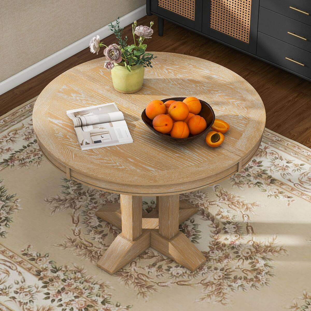 Loheer Extendable Round Dining Table Natural Wood Finish for Kitchen ...