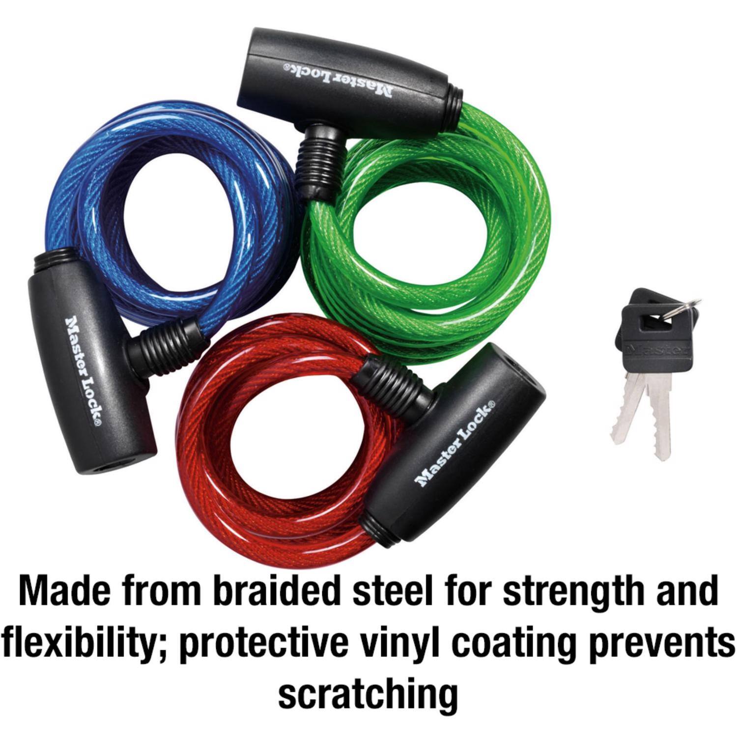 Locks Master 8 Master Locks Master Locke Made from braided steel for strength and flexibility; protective vinyl coating prevents scratching