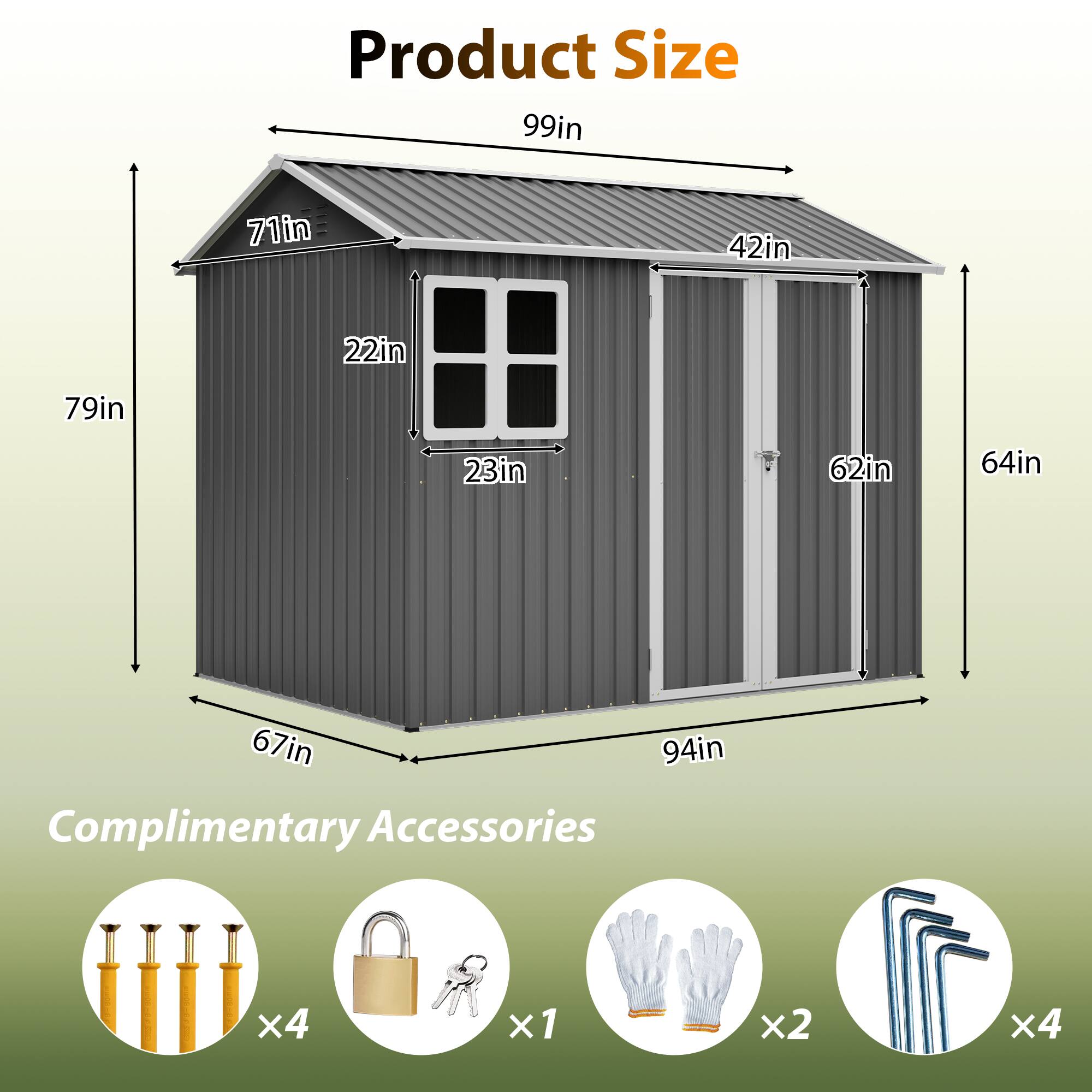 Product Size: 99in x 71in x 42in x 22in x 79in x 23in x 62in x 64in x 67in x 94in

Complimentary Accessories: x4 x1 x2 x4