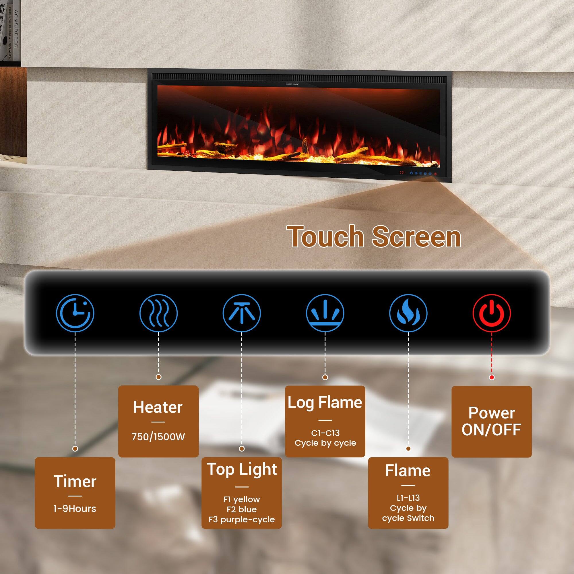 Touch Screen
Heater - 750/1500W
Log Flame C1-C13 Cycle by cycle
Power ON/OFF
Timer - 1-9Hours
Top Light
F1 yellow F2 blue F3 purple-cycle
Flame L1-L13 Cycle by cycle Switch