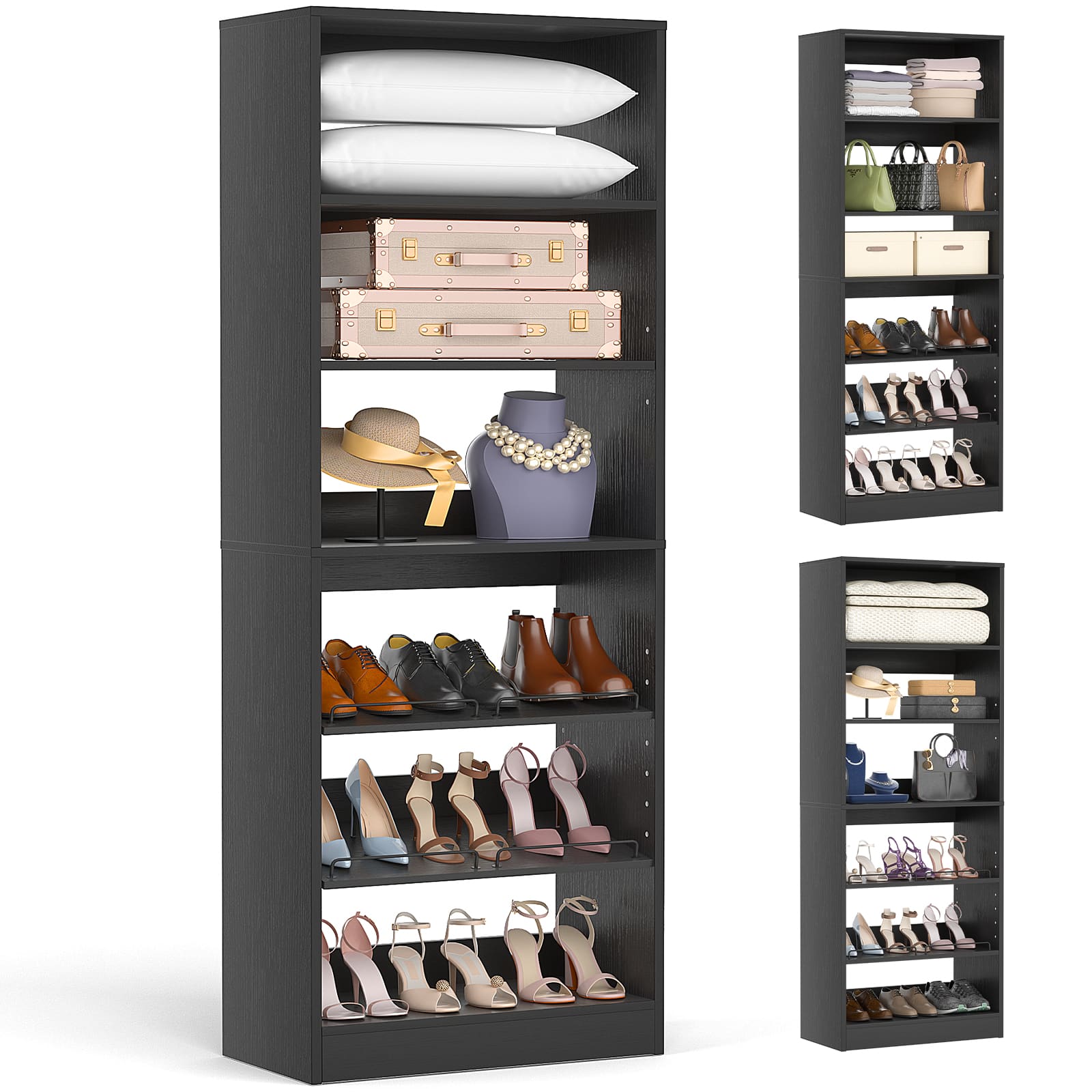 Aheaplus - 25'' Closet Organizer System, 7-Tier Closet Shoe Organizer with Adjustable Shelves - Black