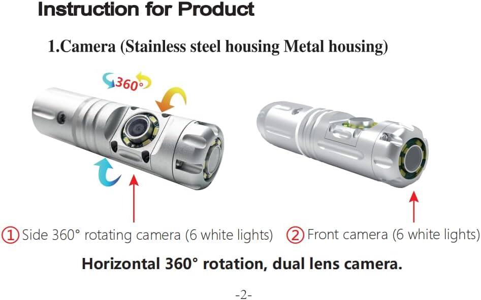Back. Aukfa - Sewer Camera with 360° Dual-Camera - 7" HD Screen, IP68, 6 LED Lights, 100FT 6MM Cable, 16GB.