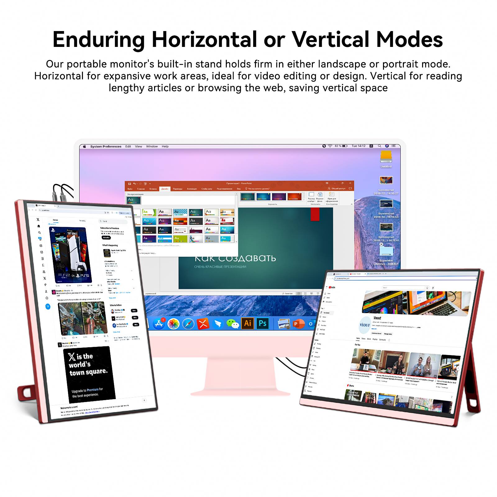 Enduring Horizontal or Vertical Modes
Our portable monitor's built-in stand holds firm in either landscape or portrait mode. Horizontal for expansive work areas, ideal for video editing or design. Vertical for reading lengthy articles or browsing the web, saving vertical space