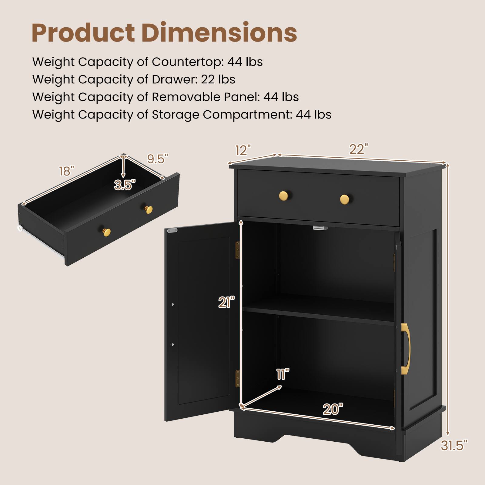 Product Dimensions

Weight Capacity of Countertop: 44 lbs  
Weight Capacity of Drawer: 22 lbs  
Weight Capacity of Removable Panel: 44 lbs  
Weight Capacity of Storage Compartment: 44 lbs  

18" x 9.5" x 3.5"  
12" x 22" x 21" x 11" x 20" x 31.5"
