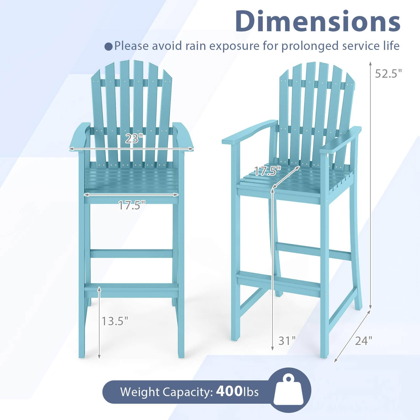 Dimensions:  
- Height: 52.5"  
- Width: 23"  
- Depth: 17.5"  
- Seat Height: 17.5"  
- Armrest Height: 31"  
- Leg Width: 24"  
- Leg Depth: 13.5"  

Weight Capacity: 400lbs  

Please avoid rain exposure for prolonged service life.