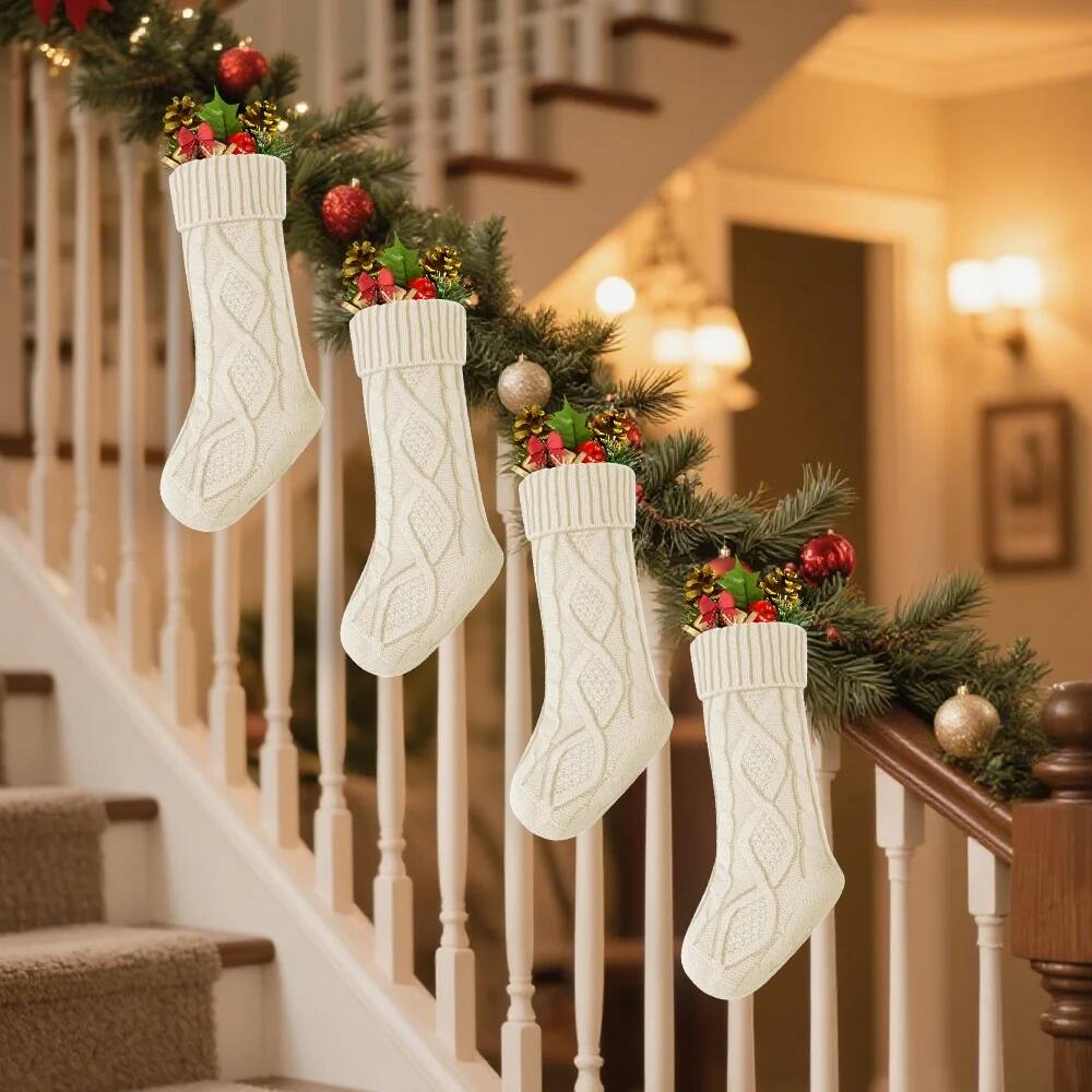 Back. MOVSSOU - 4 Pack Christmas Stockings, Knitted Stocking for Holiday Christmas Party Family Decorations - White.