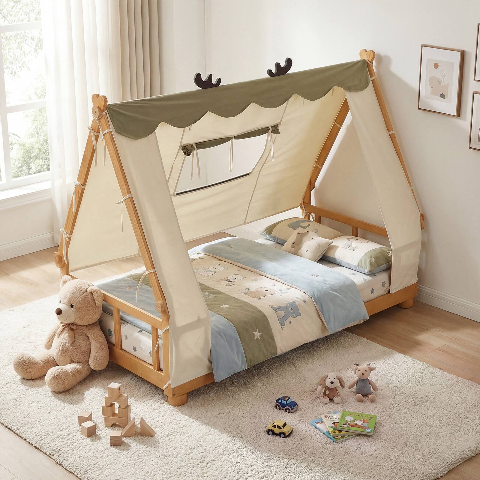 Alt View 1. Gymax - Gymax Twin Size House Floor Bed w/ TentWood Bed Frame w/ Roof Window & Fence Rails Natural & Green - Yellow.