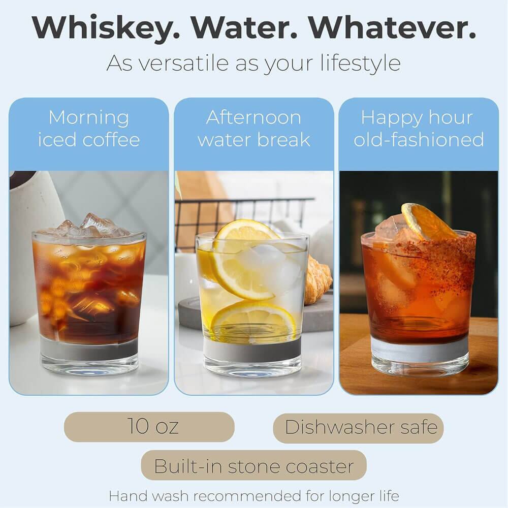 Whiskey. Water. Whatever.  
As versatile as your lifestyle  

Morning iced coffee  
Afternoon water break  
Happy hour old-fashioned  

10 oz  
Dishwasher safe  
Built-in stone coaster  
Hand wash recommended for longer life