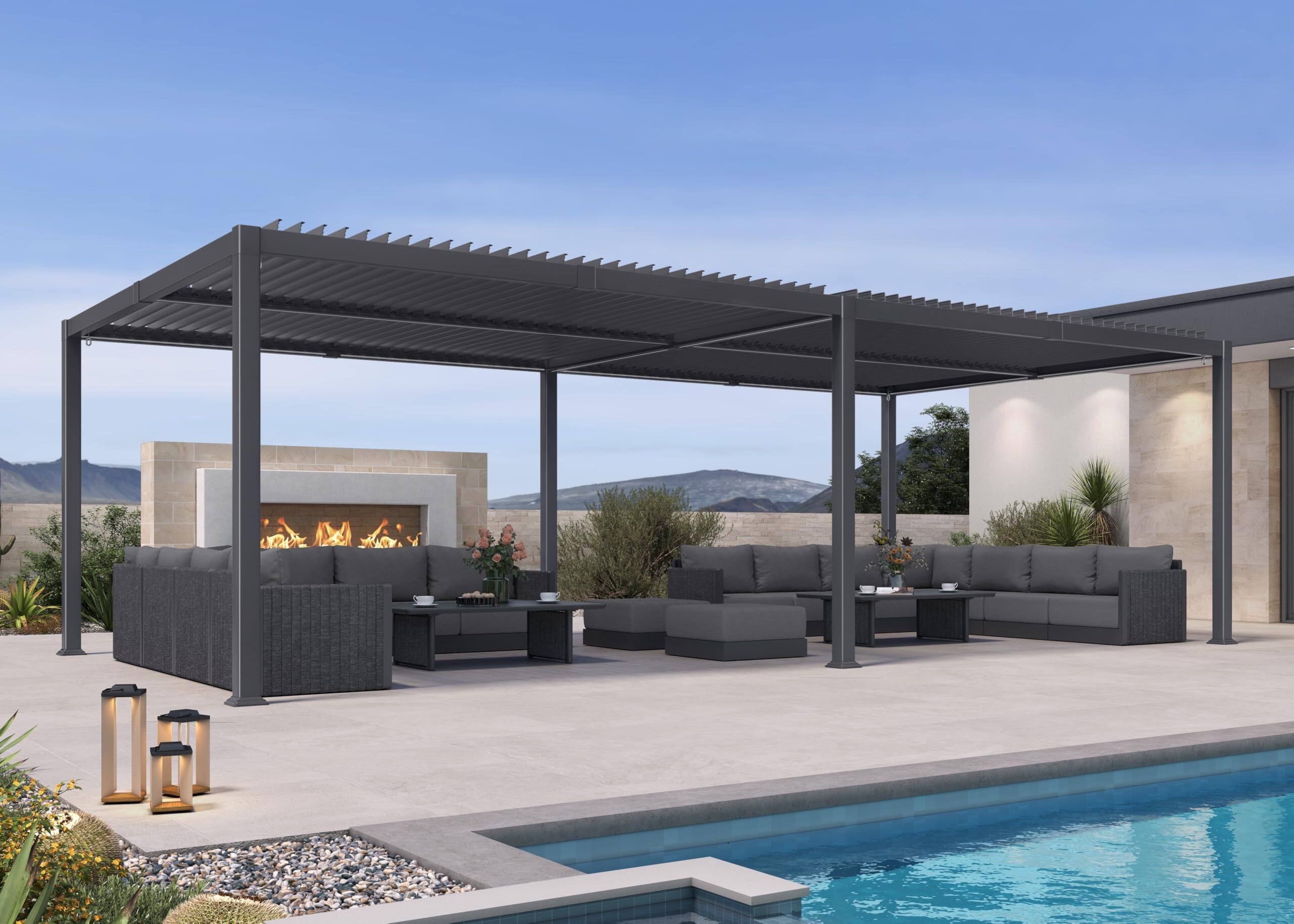 Angle. PURPLE LEAF - Louvered Pergola with LED Strip Lights Outdoor Gray Aluminum Hardtop Gazebo with Adjustable Roof for Patio Garden Yard - 13' X 25'.