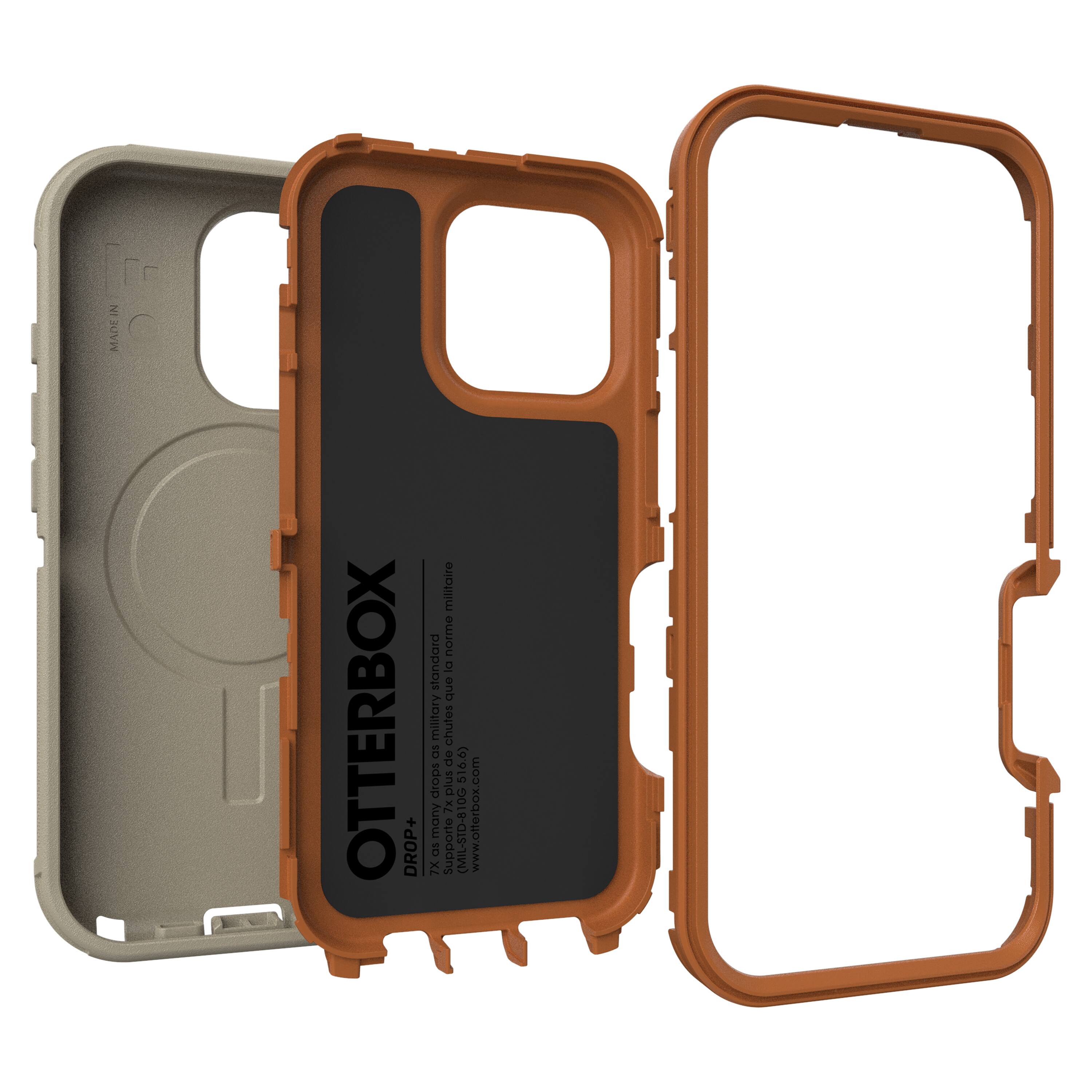 The image features a cell phone case with a black and orange color scheme. The case is made by Otterbox and is designed to meet military drop-test standards. The case is designed to protect the phone from drops and impacts, ensuring that it remains safe and functional. The case is also advertised as being able to withstand 6-foot drops, which is a significant level of protection for the phone. The case is available for purchase from the website www.otterbox.com.
