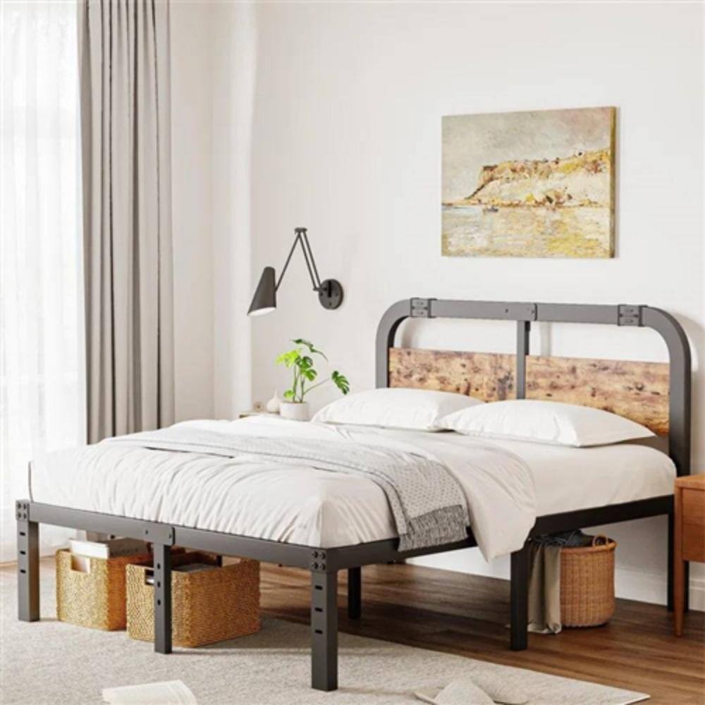 Angle. Hivvago - Queen Heavy Duty Black Metal Bed Frame with Solid Wood Panel Headboard - Black.
