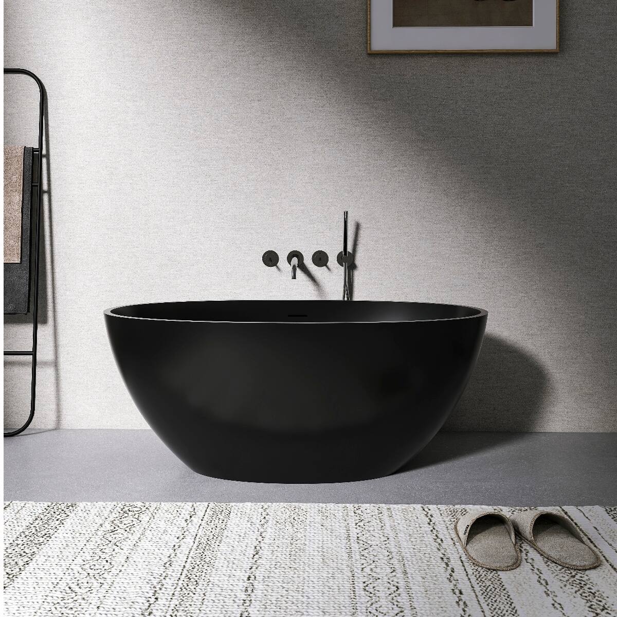 Front. Loheer - Loheer 55 in Freestanding Solid Surface Soaking Bathtub Matte Black Oval Center Drain - Black.
