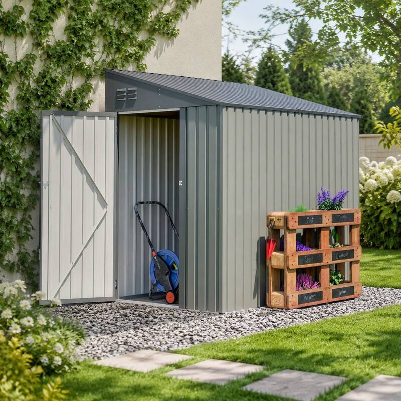 Left. RYHNUYNE - Olive Grey 4x7 Ft Lean-To Steel Shed Vents Lockable Doors Garden Tools Bicycles - Gray,Olive.