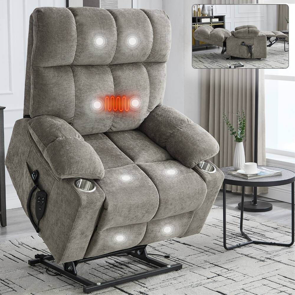 Back. Ropilly - Ropilly Heavy Duty Power Lift Recliner Chair with Dual Motor, Oversized Chenille Massage Seating for Elderly Assistance - Brown.