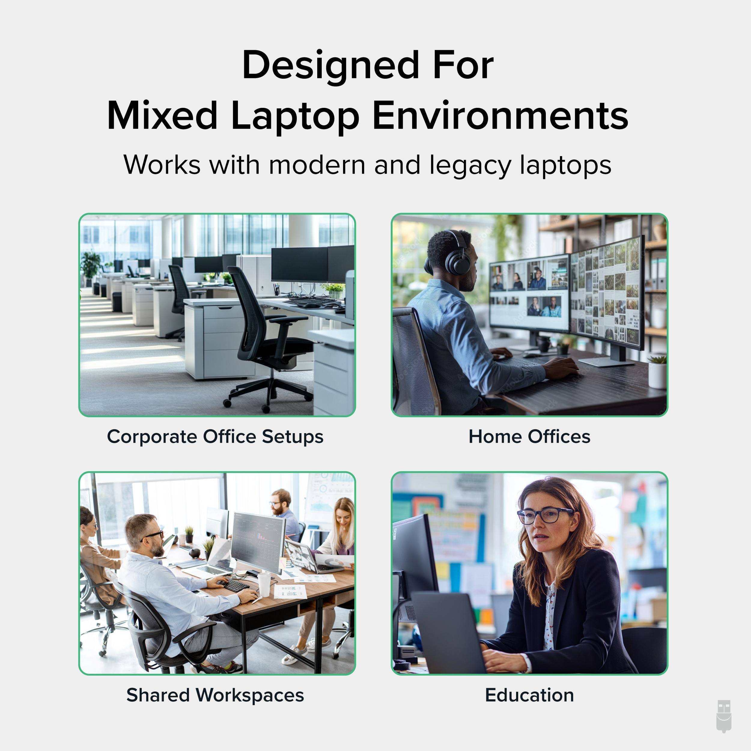 Designed For Mixed Laptop Environments
Works with modern and legacy laptops
Corporate Office Setups
Home Offices
Shared Workspaces
Education