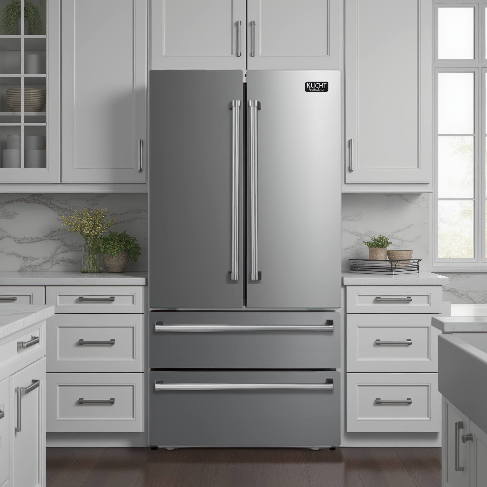 Angle. Kucht - Pro-Style 36 in. 22.5 cu. ft. Counter Depth Freestanding French Door Refrigerator in Stainless Steel with Ice Maker - Stainless Steel.