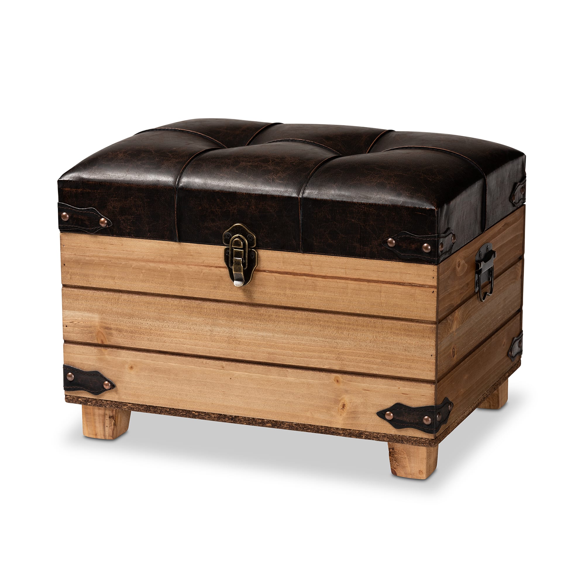 Baxton Studio - Edmund Rustic Transitional Faux Leather Upholstered and Oak Brown Finished Wood Storage Ottoman - Dark Brown/Oak Brown