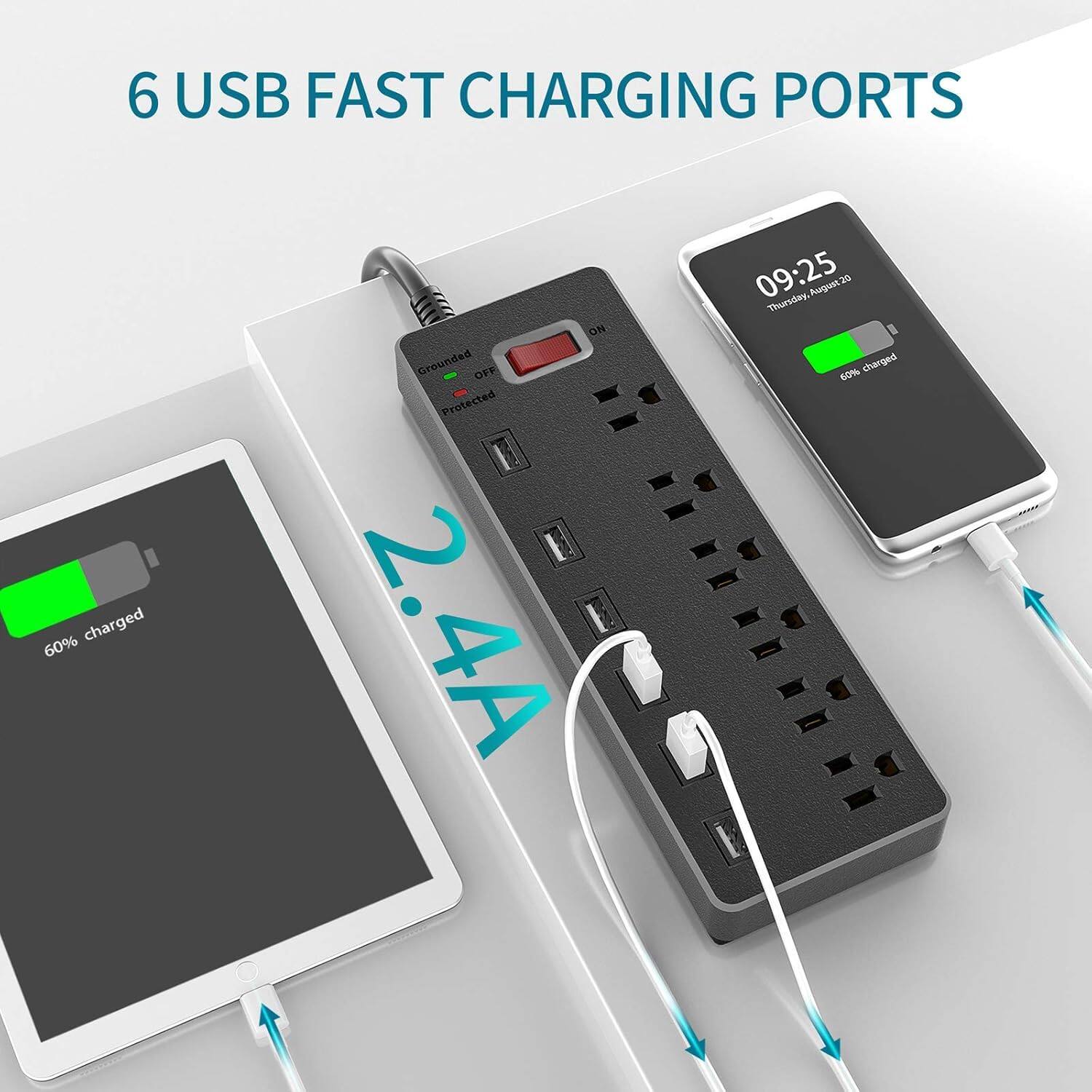 6 USB FAST CHARGING PORTS  
60% charged  
ON  
Grounded  
OFF  
Protected  
2.4A  
09:25  
Thursday, August 20  
60% charged