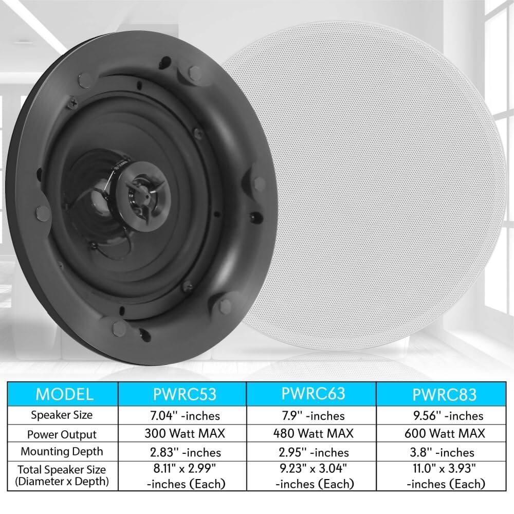 I MODEL Speaker Size Power Output Mounting Depth Total Speaker Size (Diameter x Depth) PWRC53 7.04" -inches 300 Watt MAX 2.83" -inches 8.11" x 2.99" -inches (Each) PWRC63 7.9" -inches 480 Watt MAX 2.95" -inches 9.23" x 3.04" -inches (Each) PWRC83 9.56" -inches 600 Watt MAX 3.8" -inches 11.0" x 3.93" -inches (Each)