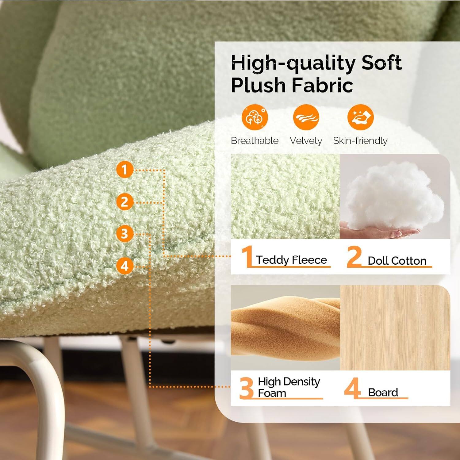 High-quality Soft Plush Fabric

Breathable Velvety Skin-friendly

1 Teddy Fleece
2 Doll Cotton
3 High Density Foam
4 Board