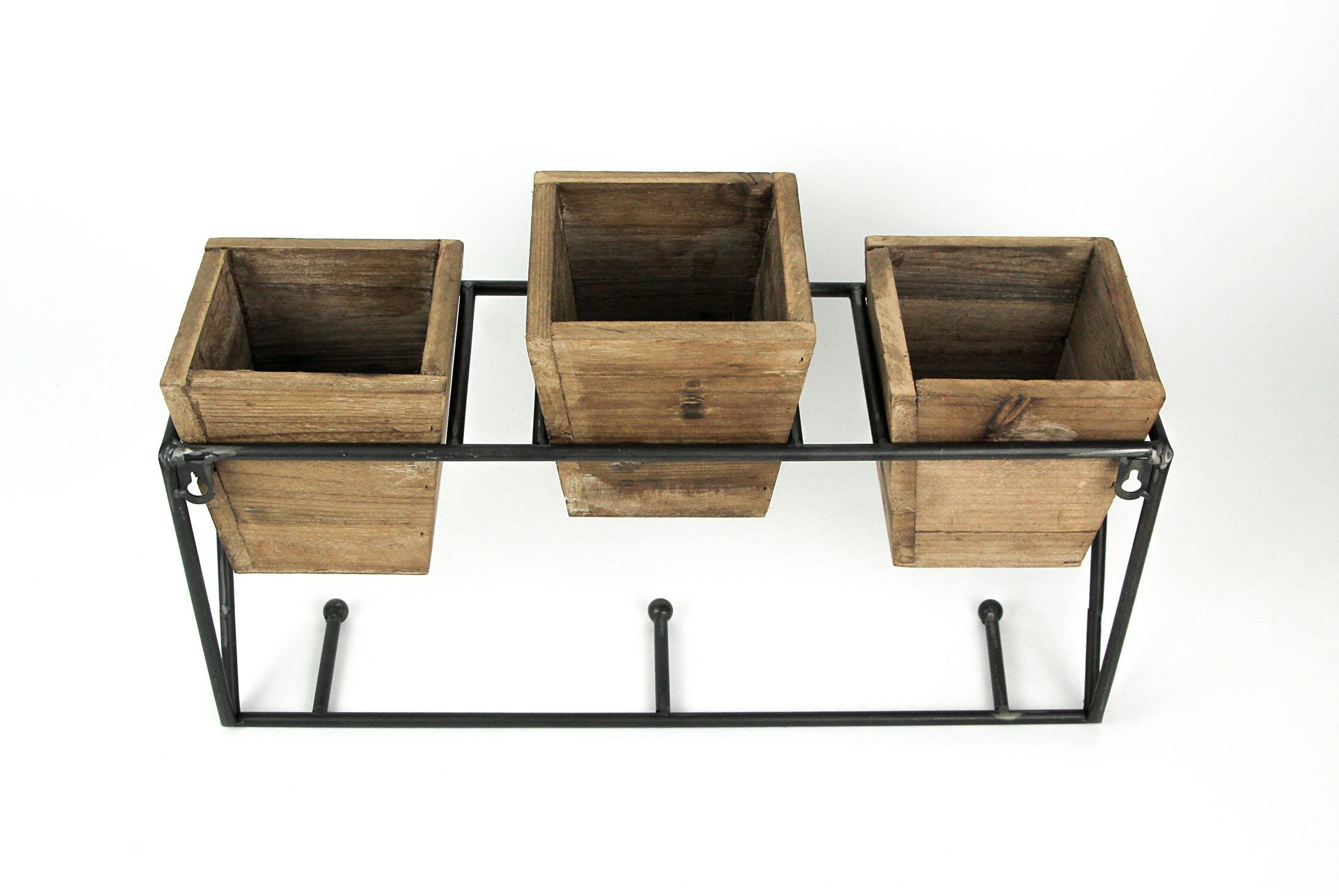 Alt View 2. Things2Die4 - Wood and Wrought Iron Triple Planter Wall Hook Rack - Brown.