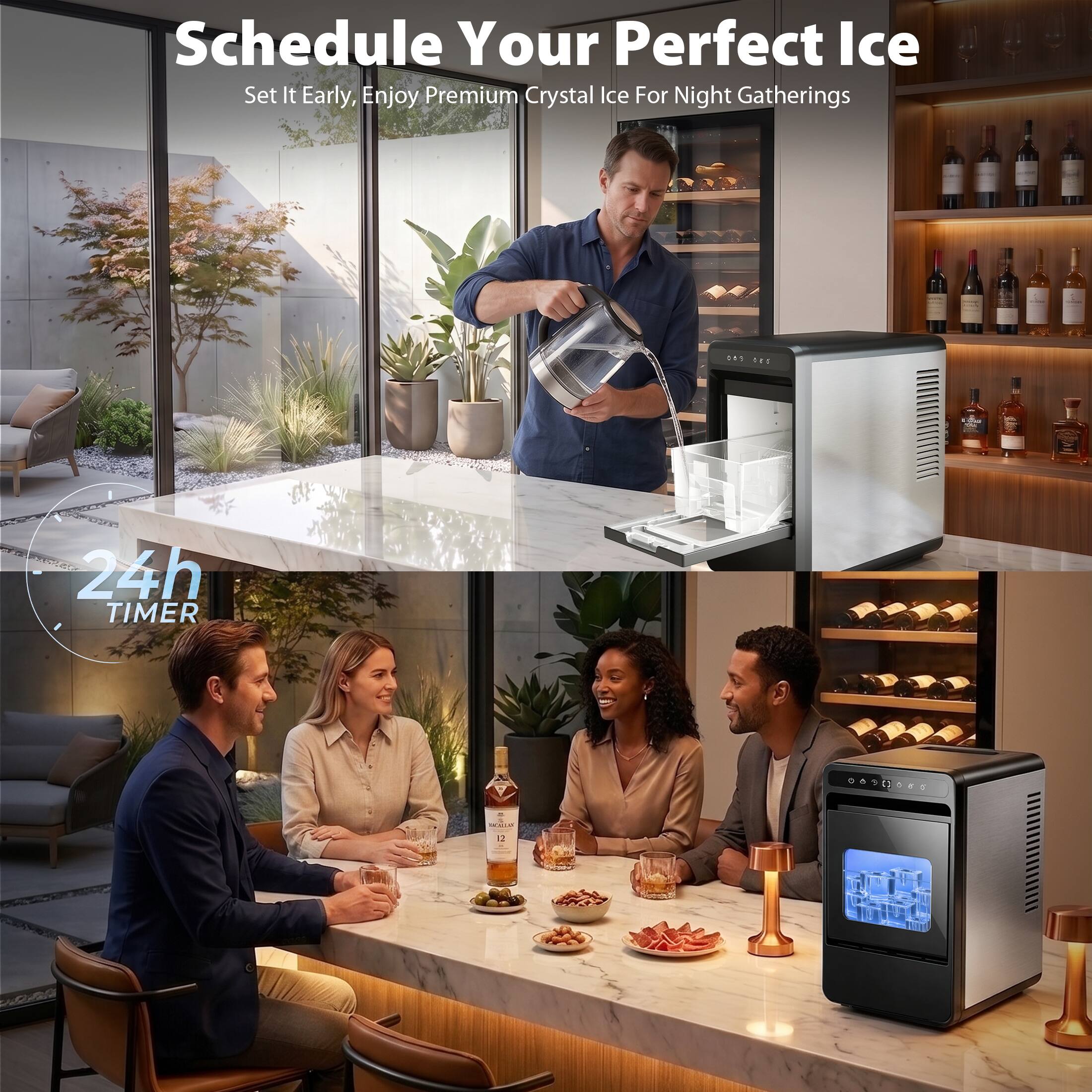 Schedule Your Perfect Ice  
Set It Early, Enjoy Premium Crystal Ice For Night Gatherings  
24h TIMER