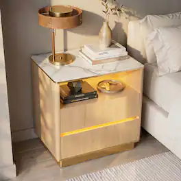 Famapy - Modern Nightstand with LED Light & Charging Hub, Marble-Top Bedside Cabinet with Gold Legs & 2 Drawers Furniture - Wooden