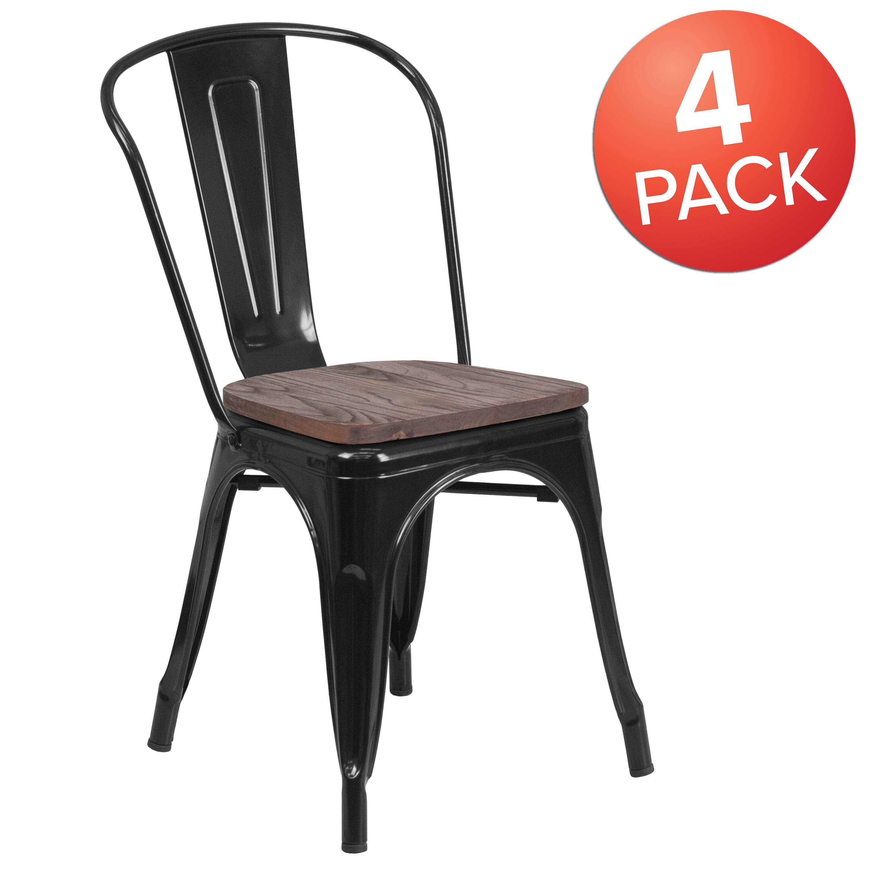 Alt View 2. Emma + Oliver - 4 Pack Metal Stackable Chair with Wood Seat - Black.