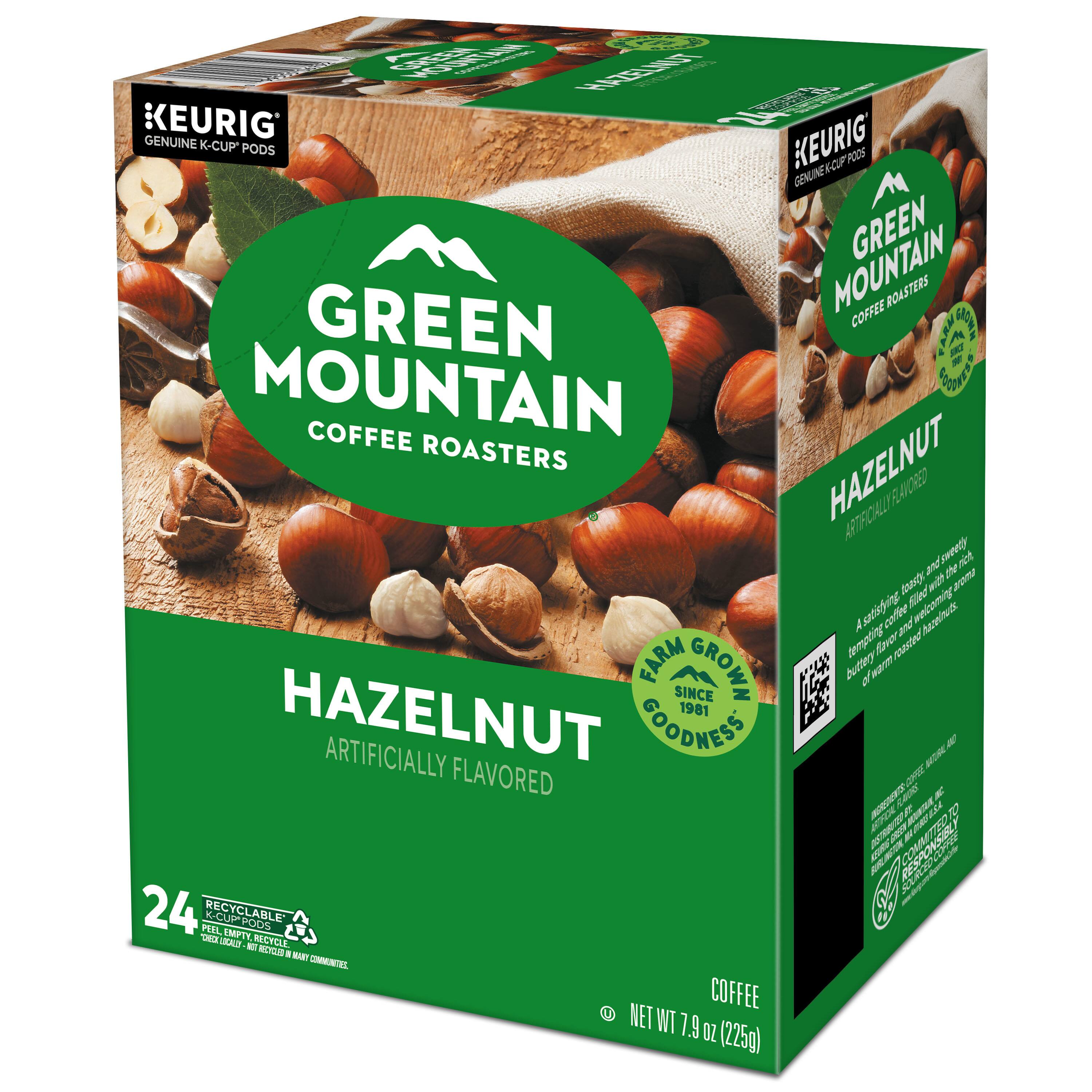 KEURIG: GENUINE K-CUP PODS  
KEURIG K-CF PODS  
GREEN MOUNTAIN COFFEE ROASTERS  
HAZELNUT  
ARTIFICIALLY FLAVORED  
FARM GROWN SINCE 1981  
GOODNESS  
24 RECYCLABLE K-CUP PODS  
NET WT 7.9 OZ (225g)