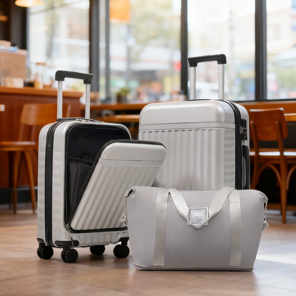 Alt View 8. ELEMENT ACE - 3 Piece Hardside Luggage Set with USB, Expandable Suitcase, Spinner Wheels & TSA Lock - Grey+White.