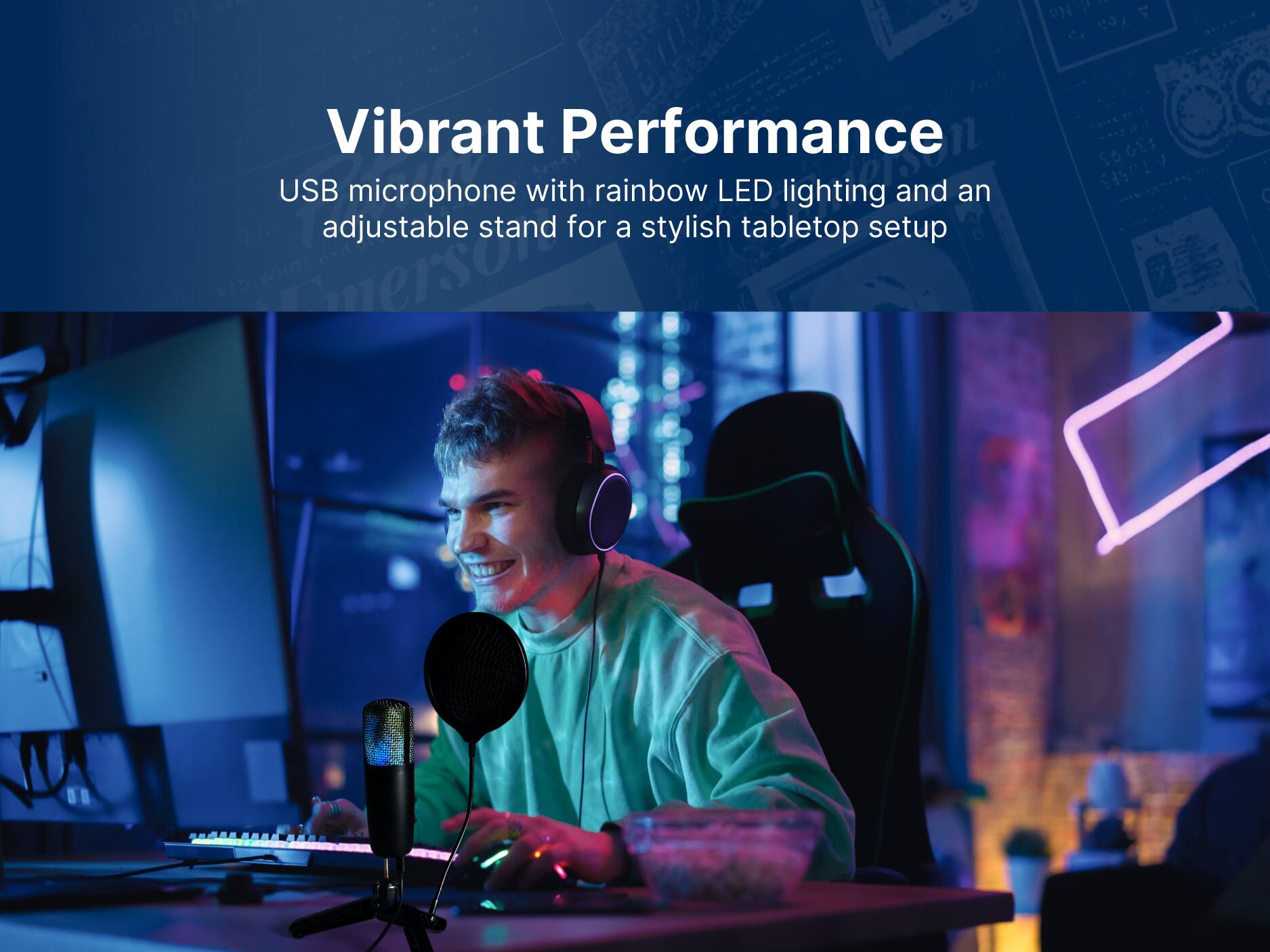Vibrant Performance USB microphone with rainbow LED lighting and an adjustable stand for a stylish tabletop setup