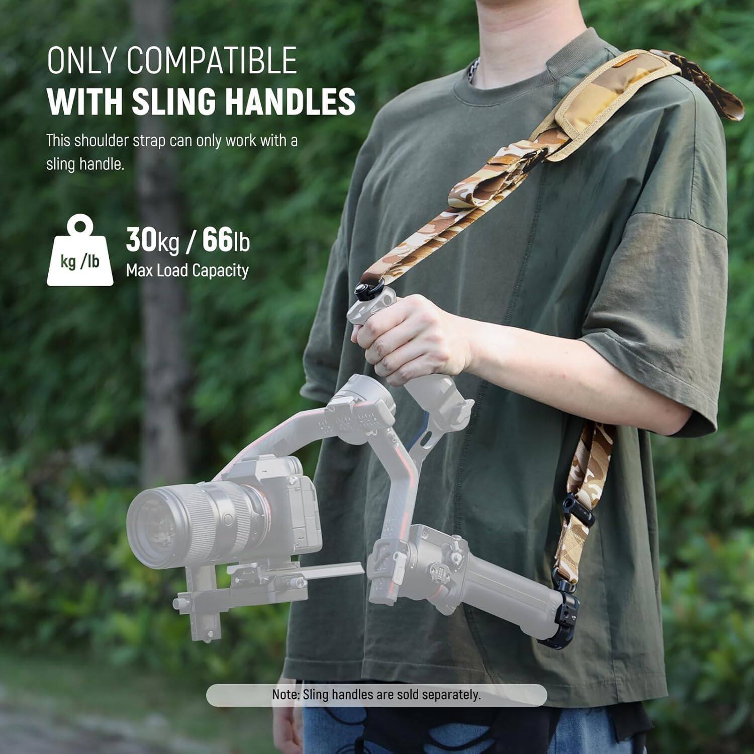 ONLY COMPATIBLE WITH SLING HANDLES

This shoulder strap can only work with a sling handle.

30kg / 66lb Max Load Capacity

Note: Sling handles are sold separately.
