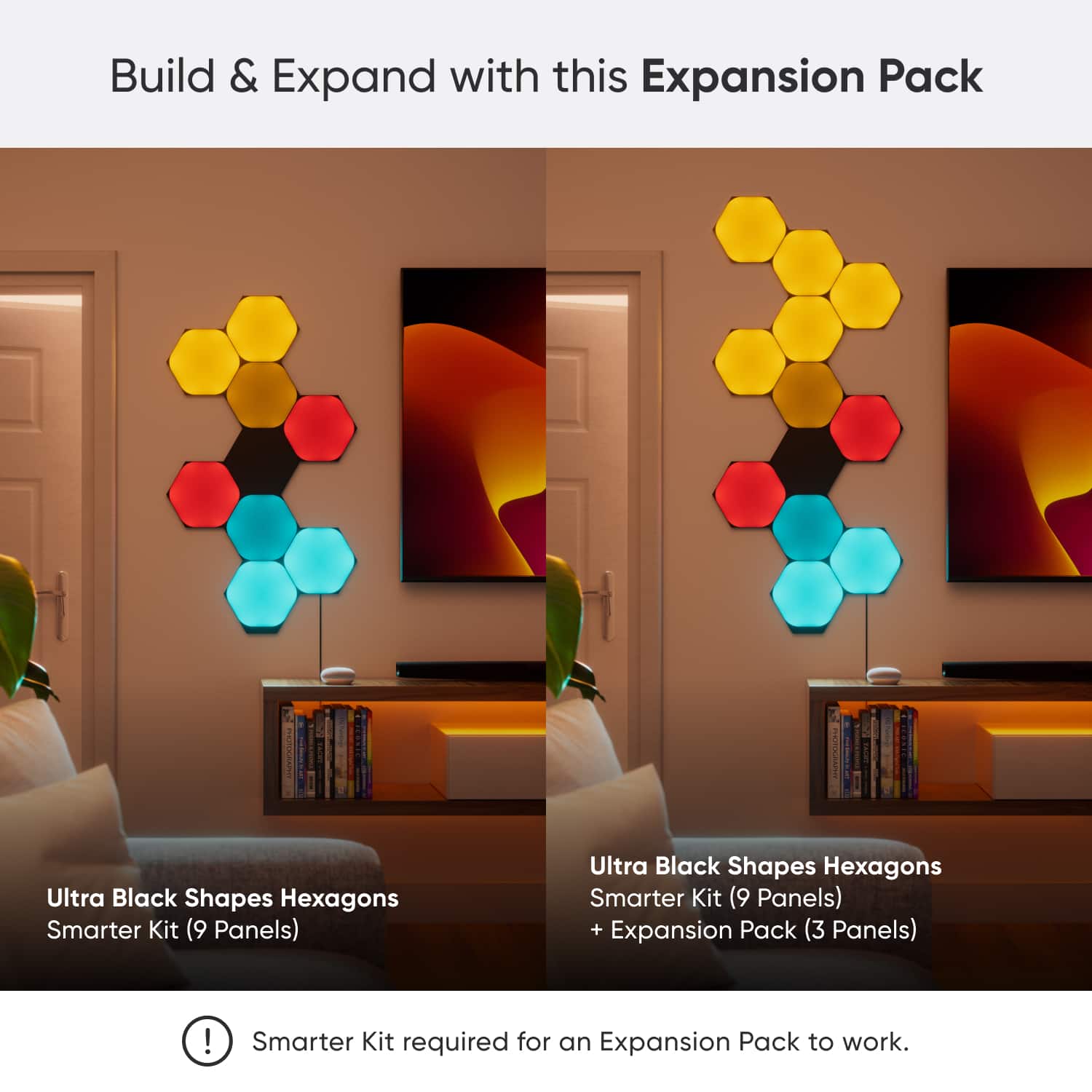 Build & Expand with this Expansion Pack Ultra Black Shapes Hexagons Smarter Kit (9 Panels) + Expansion Pack (3 Panels) ! Smarter Kit required for an Expansion Pack to work.