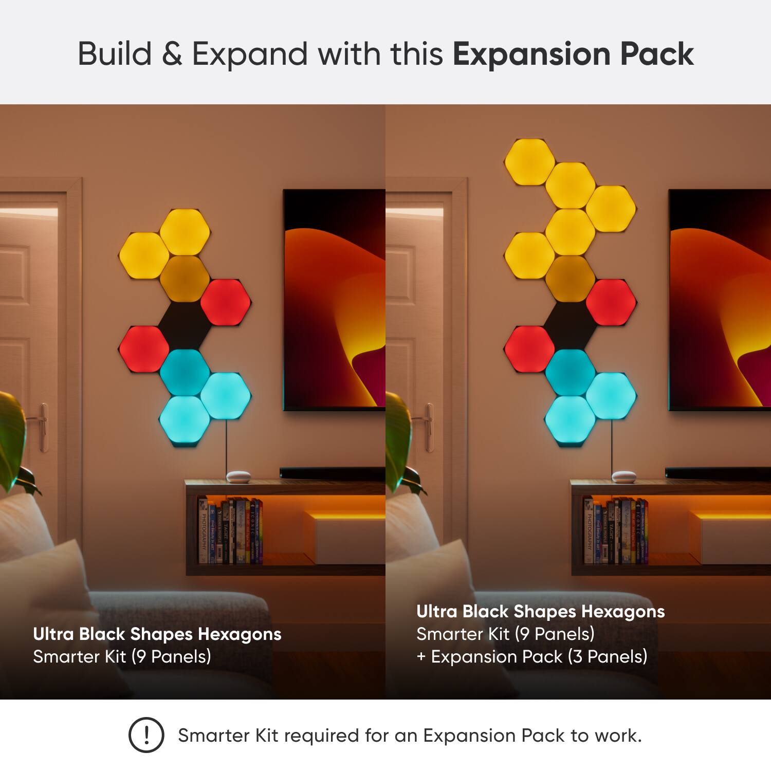 Build & Expand with this Expansion Pack Ultra Black Shapes Hexagons Smarter Kit (9 Panels) + Expansion Pack (3 Panels) ! Smarter Kit required for an Expansion Pack to work.