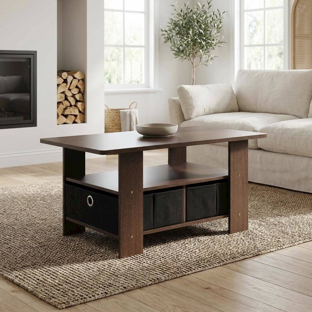 Left. FurniFact - Coffee Table Dark Brown Black with Bin Drawer and Storage Compartment - Dark Brown/Black.
