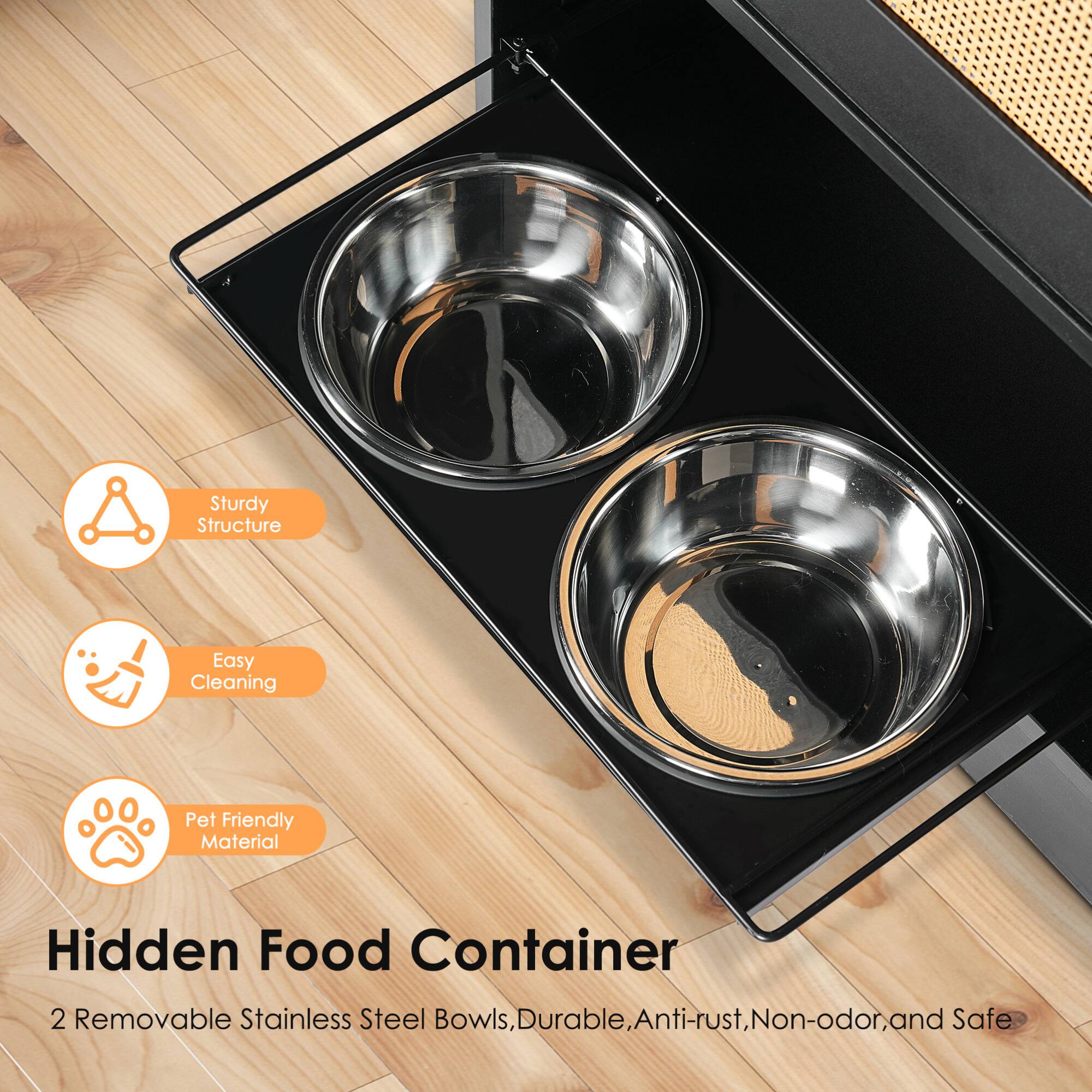 - Sturdy Structure
- Easy Cleaning
- Pet Friendly Material

Hidden Food Container

2 Removable Stainless Steel Bowls, Durable, Anti-rust, Non-odor, and Safe