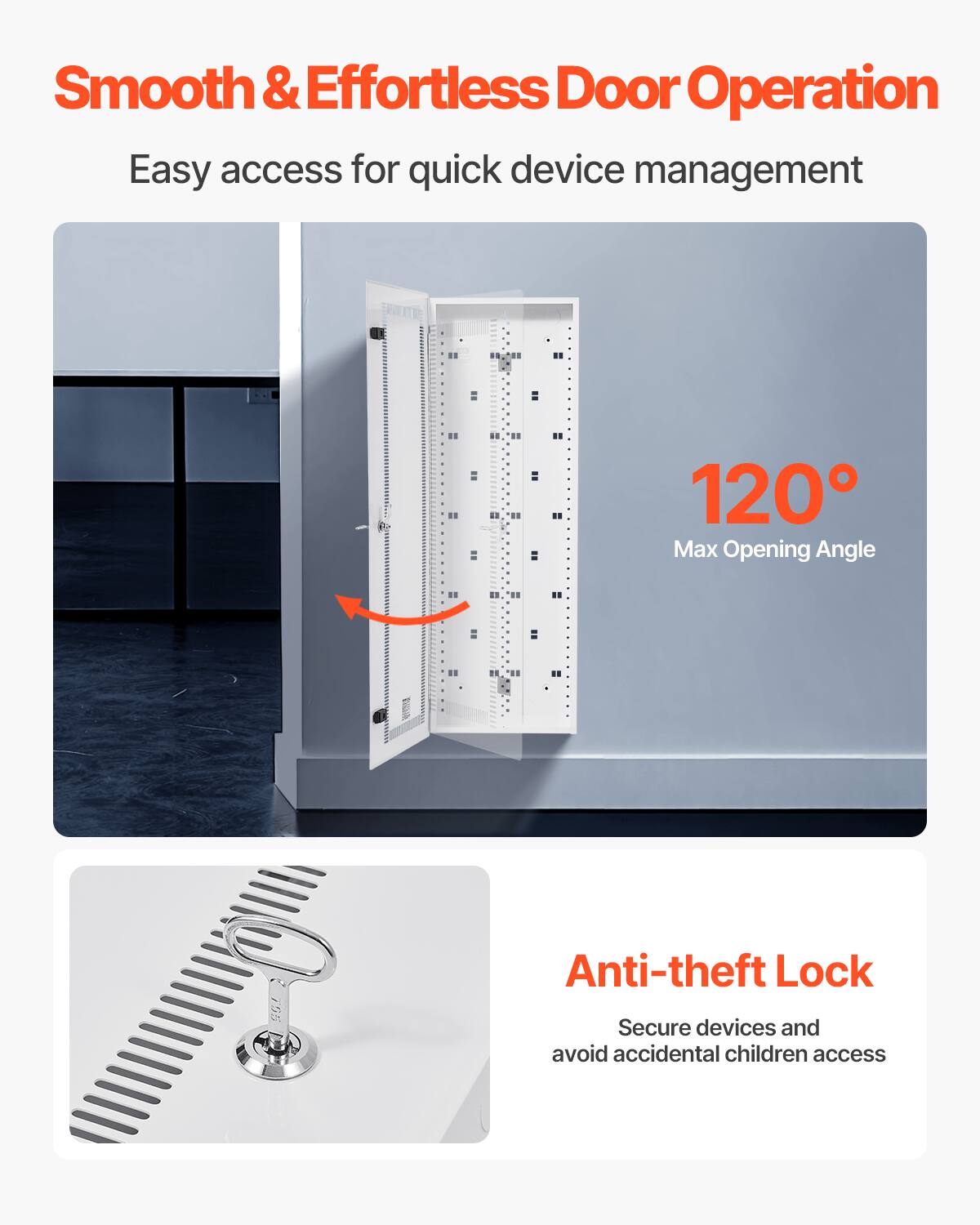 Smooth & Effortless Door Operation  
Easy access for quick device management  

120° Max Opening Angle  

Anti-theft Lock  
Secure devices and avoid accidental children access
